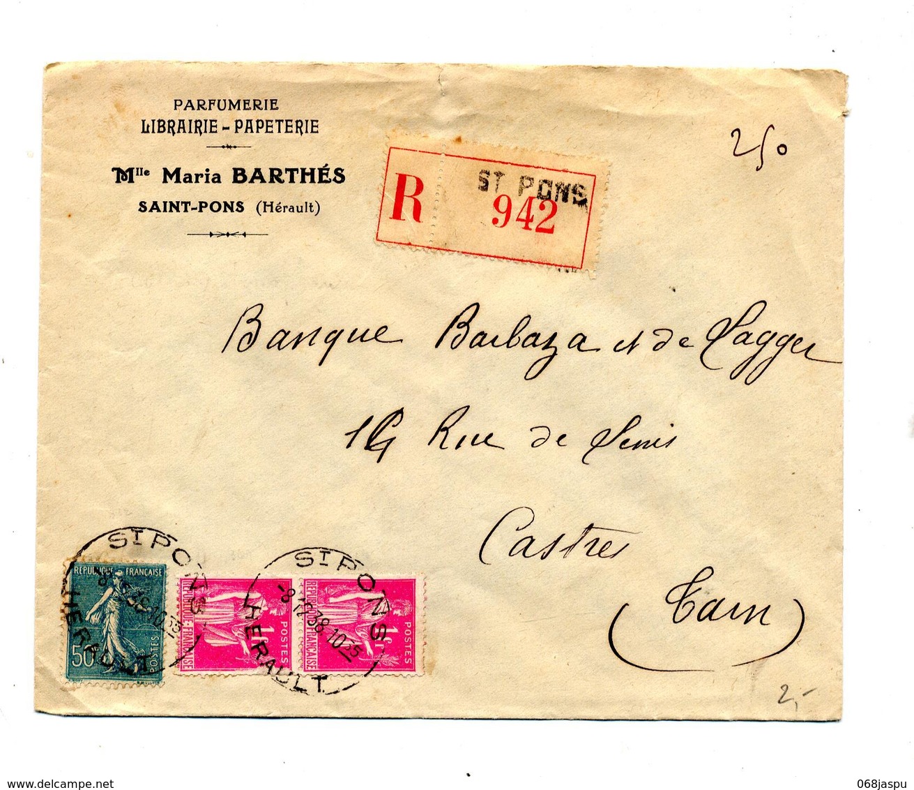 Lettre Recommandee Saint Pons Sur Semeuse Paix Entete Parfumerie Barthes - Cachets Manuels