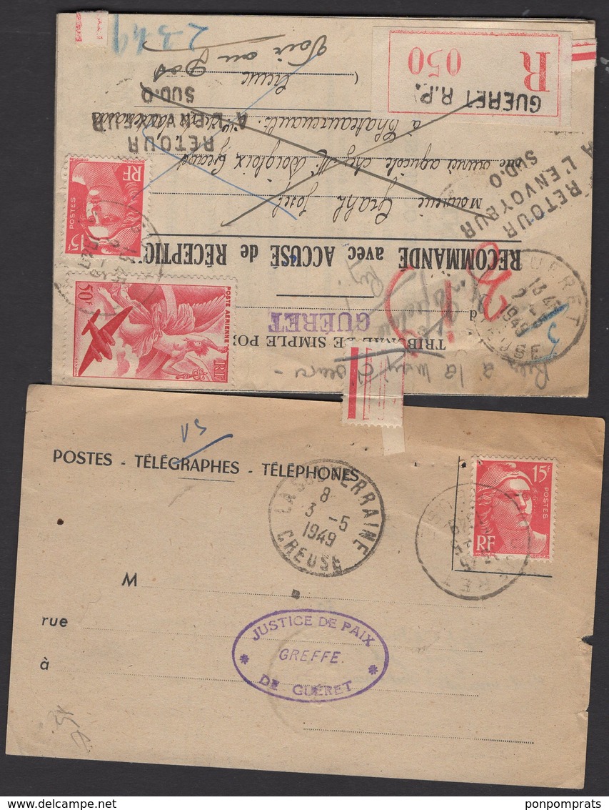 CREUSE: 15F Gandon Sur Pli Recommandé +avis De Réception +Retour à L'Envoyeur Oblt CàD A6 De GUERET - 1921-1960: Période Moderne