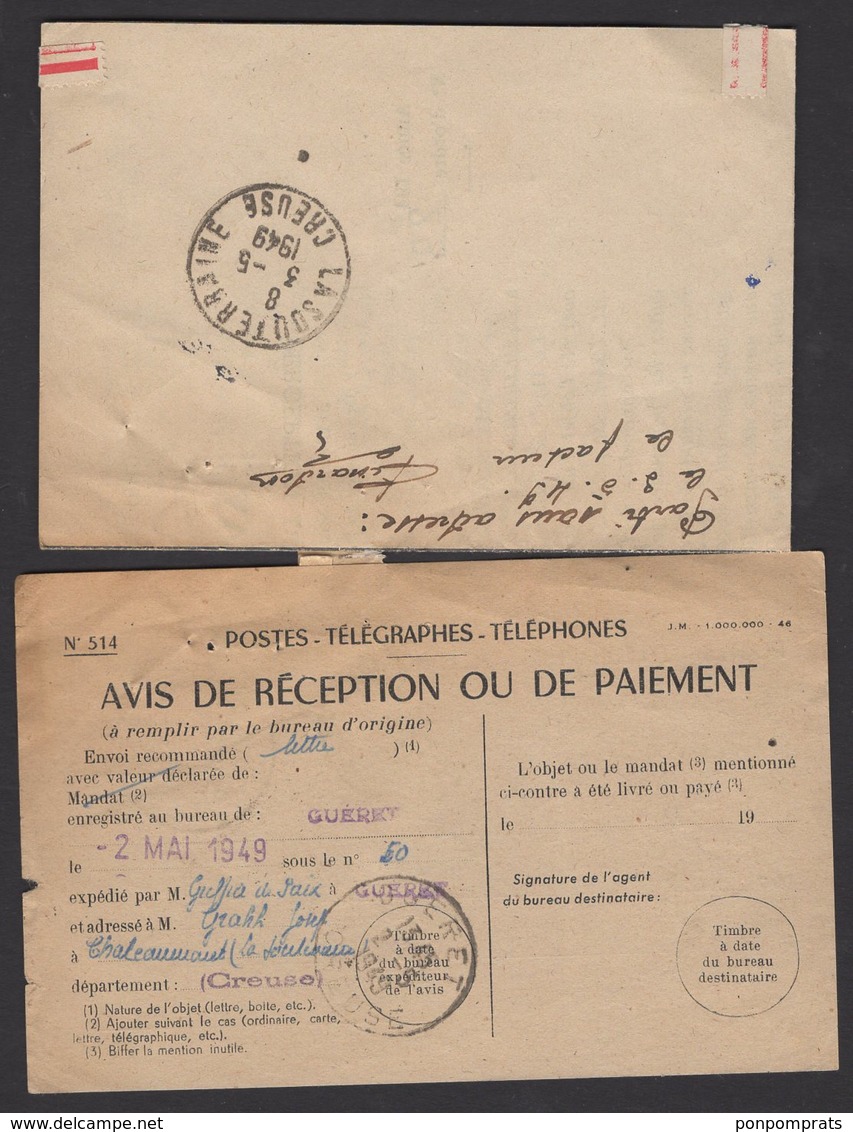 CREUSE: 15F Gandon Sur Pli Recommandé +avis De Réception +Retour à L'Envoyeur Oblt CàD A6 De GUERET - 1921-1960: Période Moderne