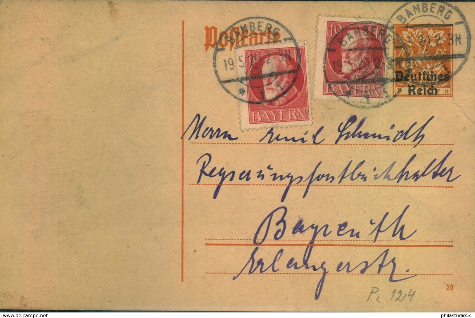 1920, Mischfrankatur Bayern/Deutsches Reich NÜRNBERG 19.5.20 - Enteros Postales