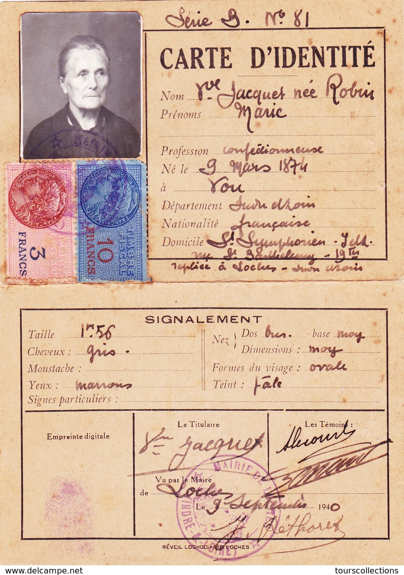 CARTE D'IDENTITE Veuve JACQUET Marie Née Robin Le 9 Mars 1874 à You (37) Demeurant à Saint Symphorien Guerre 1939 1943 - 1939-45