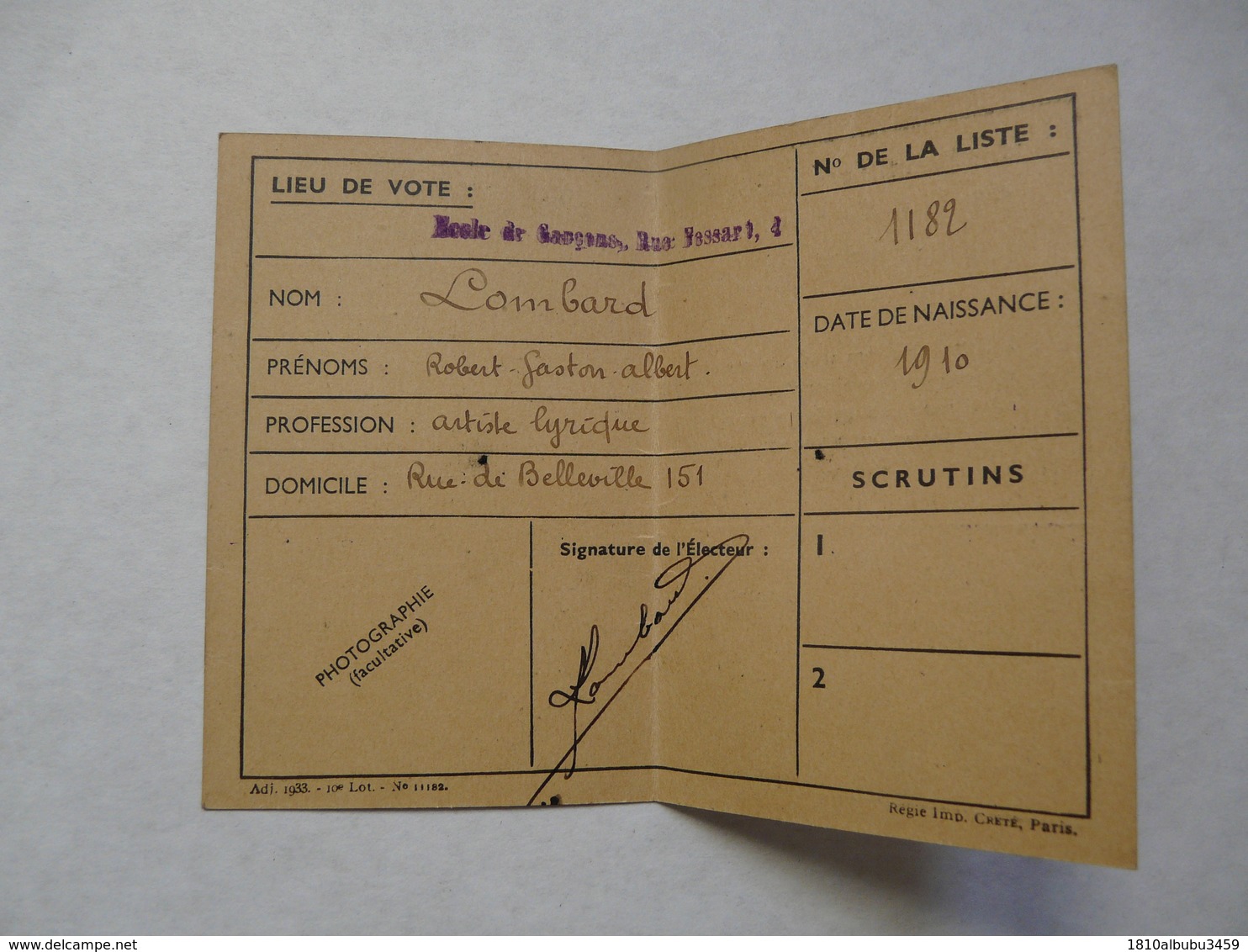 VIEUX PAPIERS - 75 PARIS : CARTE D'ELECTEUR D'un Artiste Lyrique (Opéra) - Collections