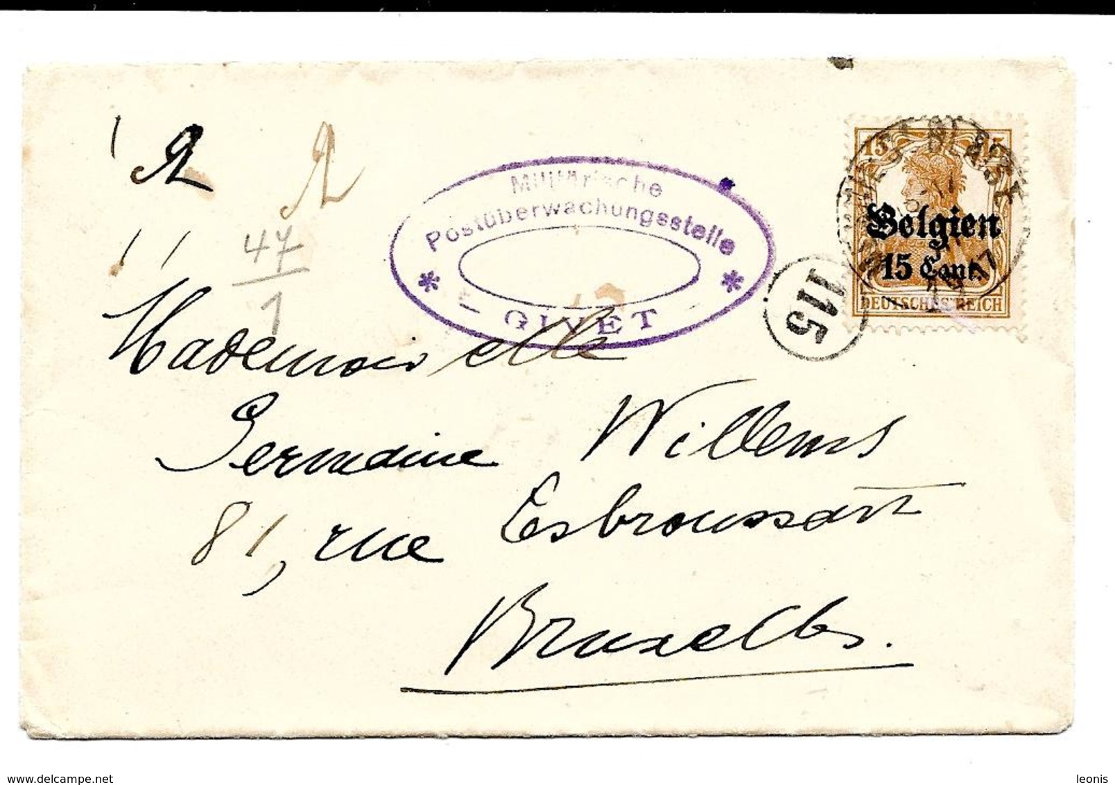 LE0004. CENSURE DE GIVET. Occupation Allemande En Belgique. N° 15 MESNIL St BLAISE - Censure Ovale V. BRUXELLES. TB - Guerre De 1914-18