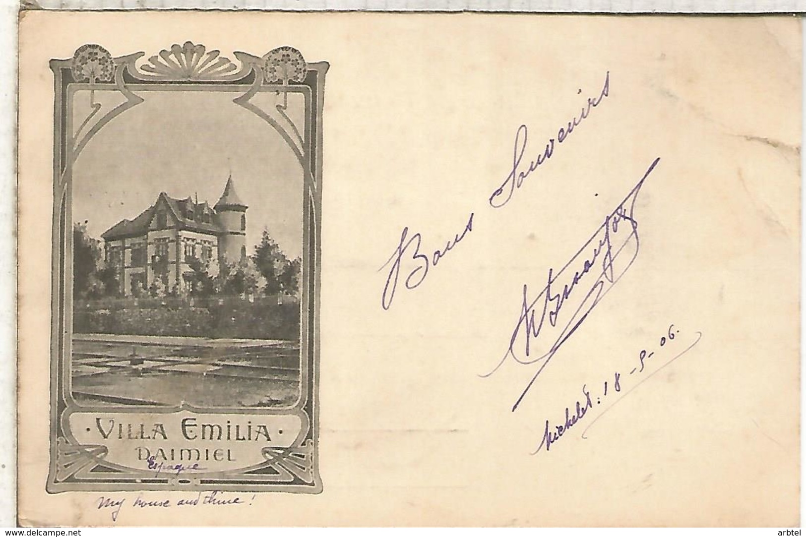 CIUDAD REAL TARJETA ANTIGUA DE VILLA EMILIA DE DAIMIEL CIRCULADA EN FRANCIA EN 1906 - Ciudad Real
