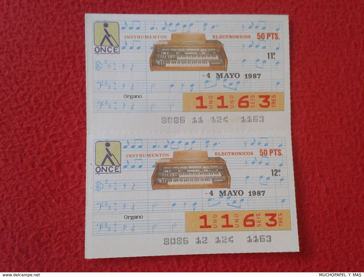 CUPÓN DE ONCE SPANISH LOTTERY LOTERIE CIEGOS SPAIN LOTERÍA INSTRUMENT MUSIC ORGANISTA ÓRGANO ORGUE ORGAN ELECTRONIC 1987 - Billetes De Lotería