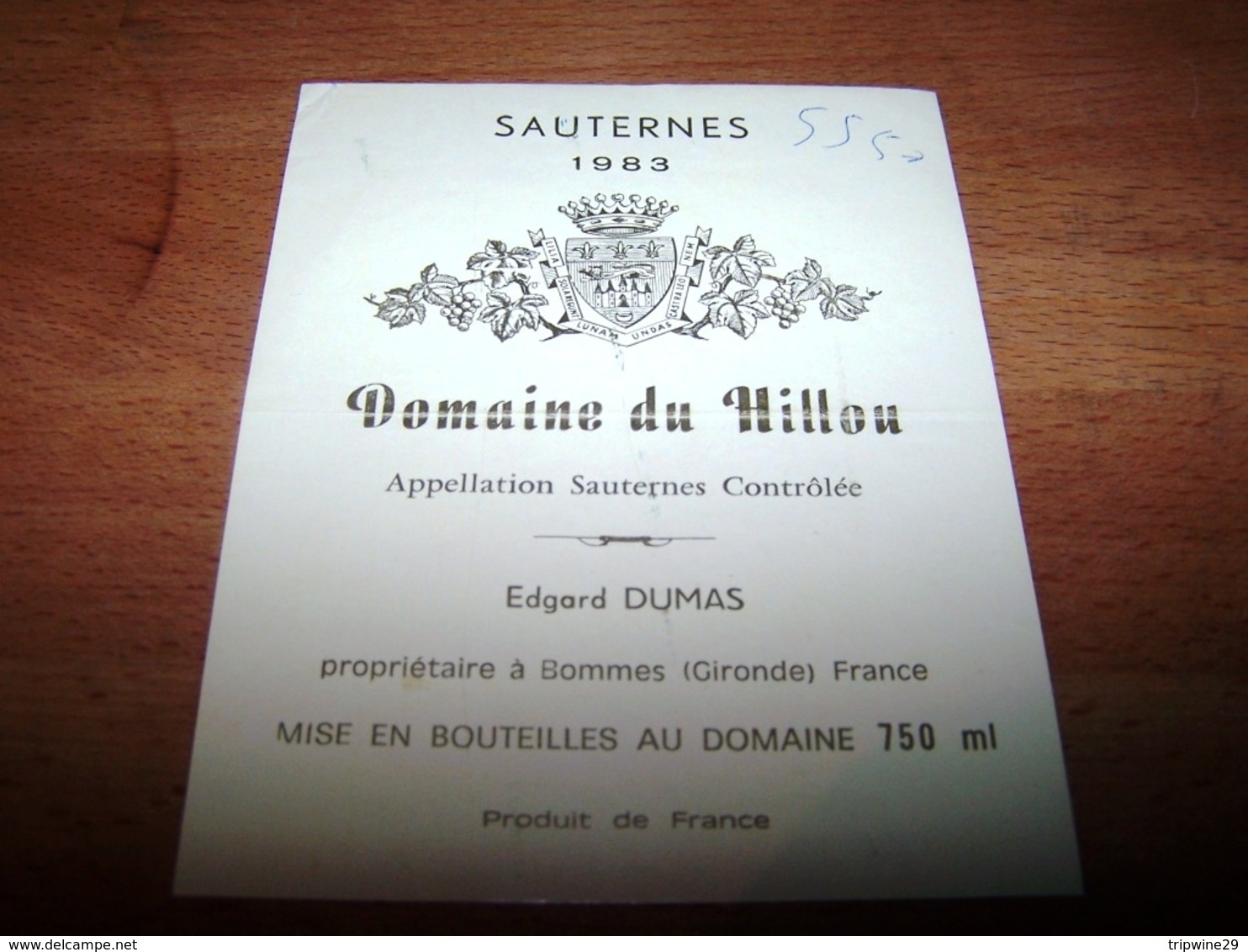 Etiquette Vin Wine Label Sauternes Domaine Du Hillou 1983 Edgar Dumas Bommes Gironde - Bordeaux