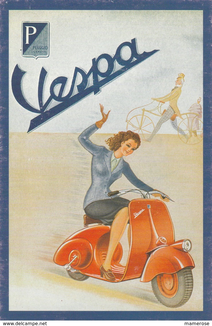 VESPA Rouge, Jeune Femme En Bleu. Panneau P Piaggio Genova. Vintage Gift Collection - Motorbikes