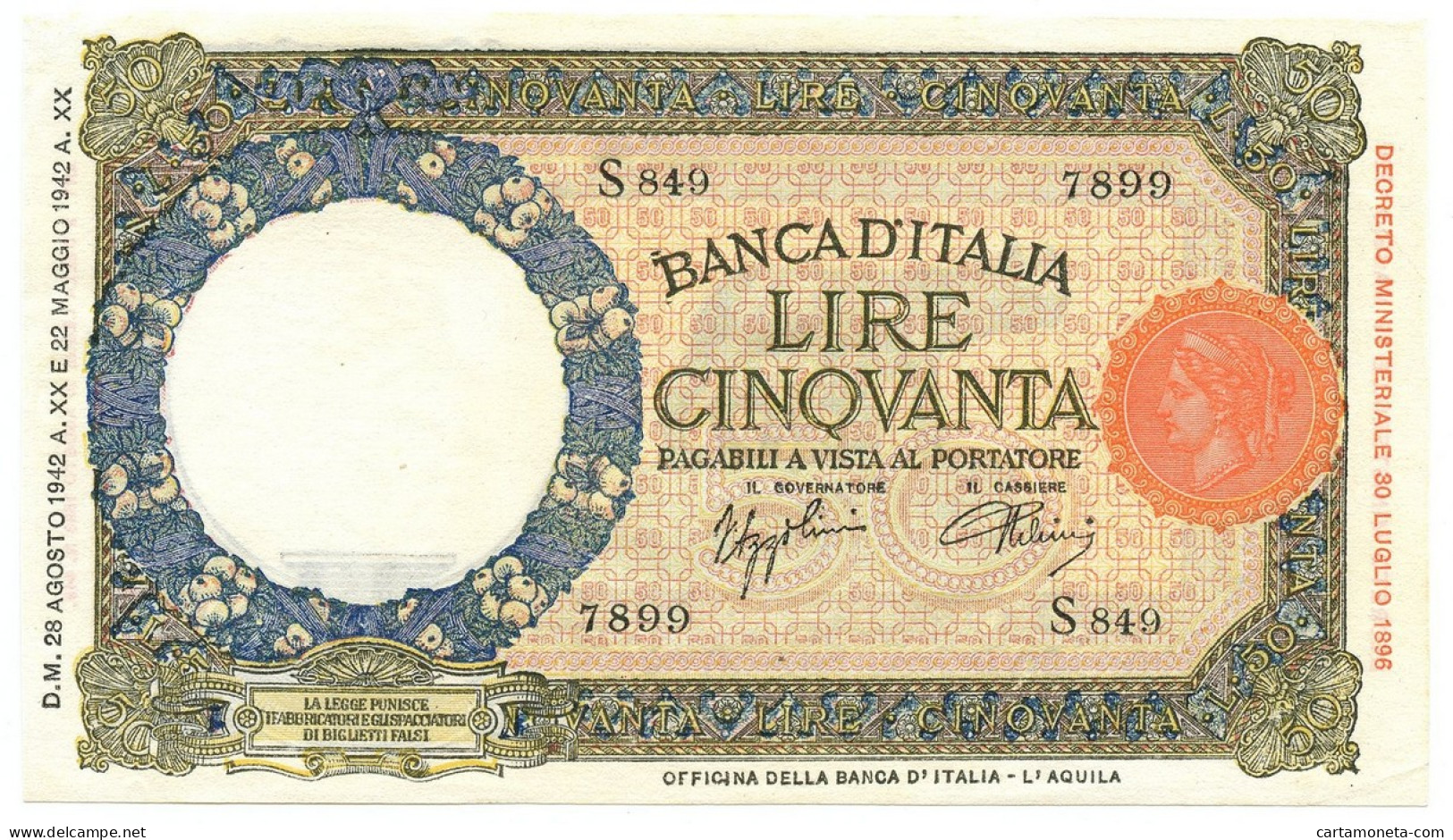 50 LIRE CAPRANESI LUPA CAPITOLINA M. STRETTO FASCIO L'AQUILA 28/08/1942 SUP+ - Regno D'Italia – Autres