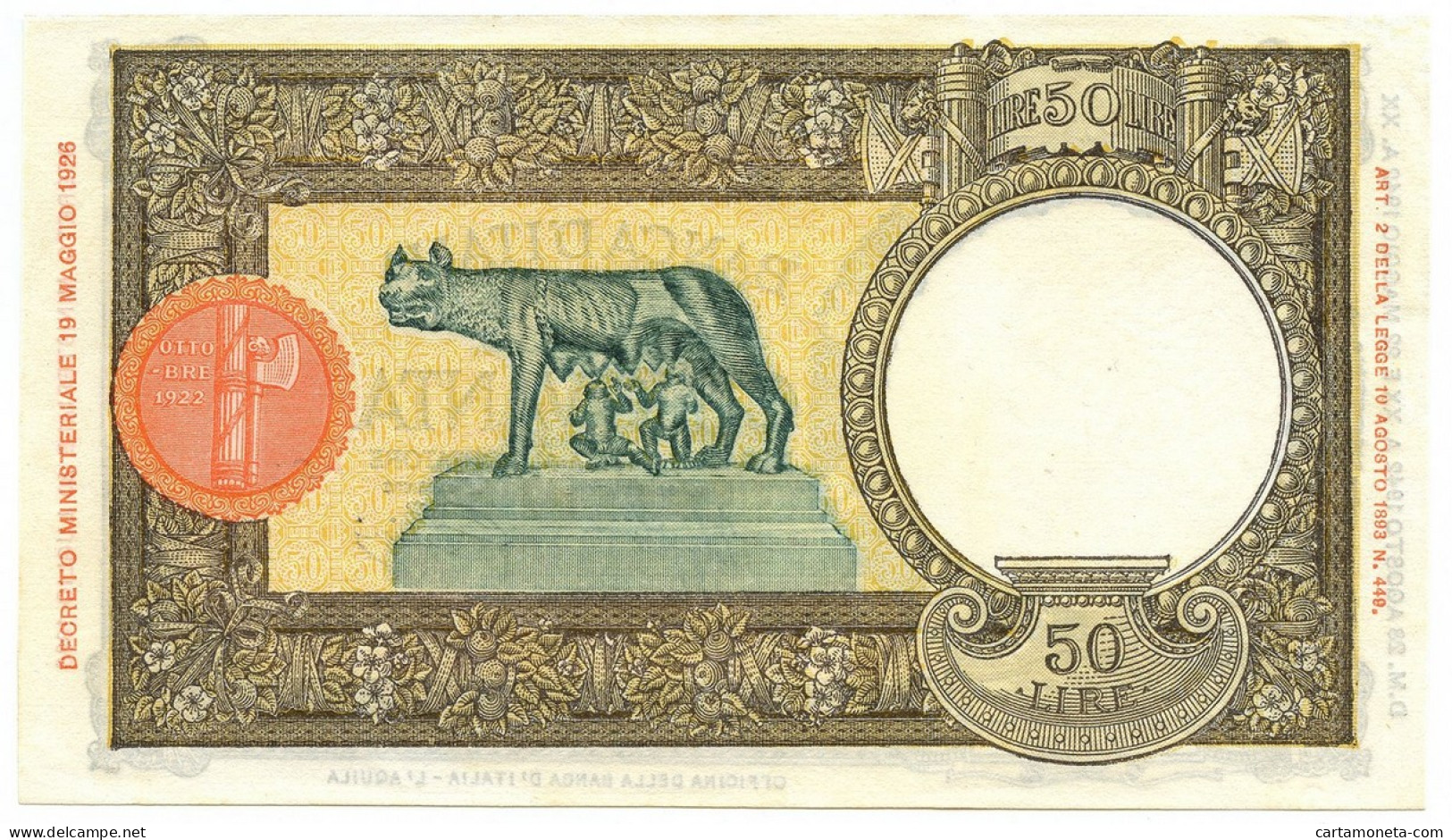 50 LIRE CAPRANESI LUPA CAPITOLINA M. STRETTO FASCIO L'AQUILA 28/08/1942 SUP+ - Regno D'Italia – Autres