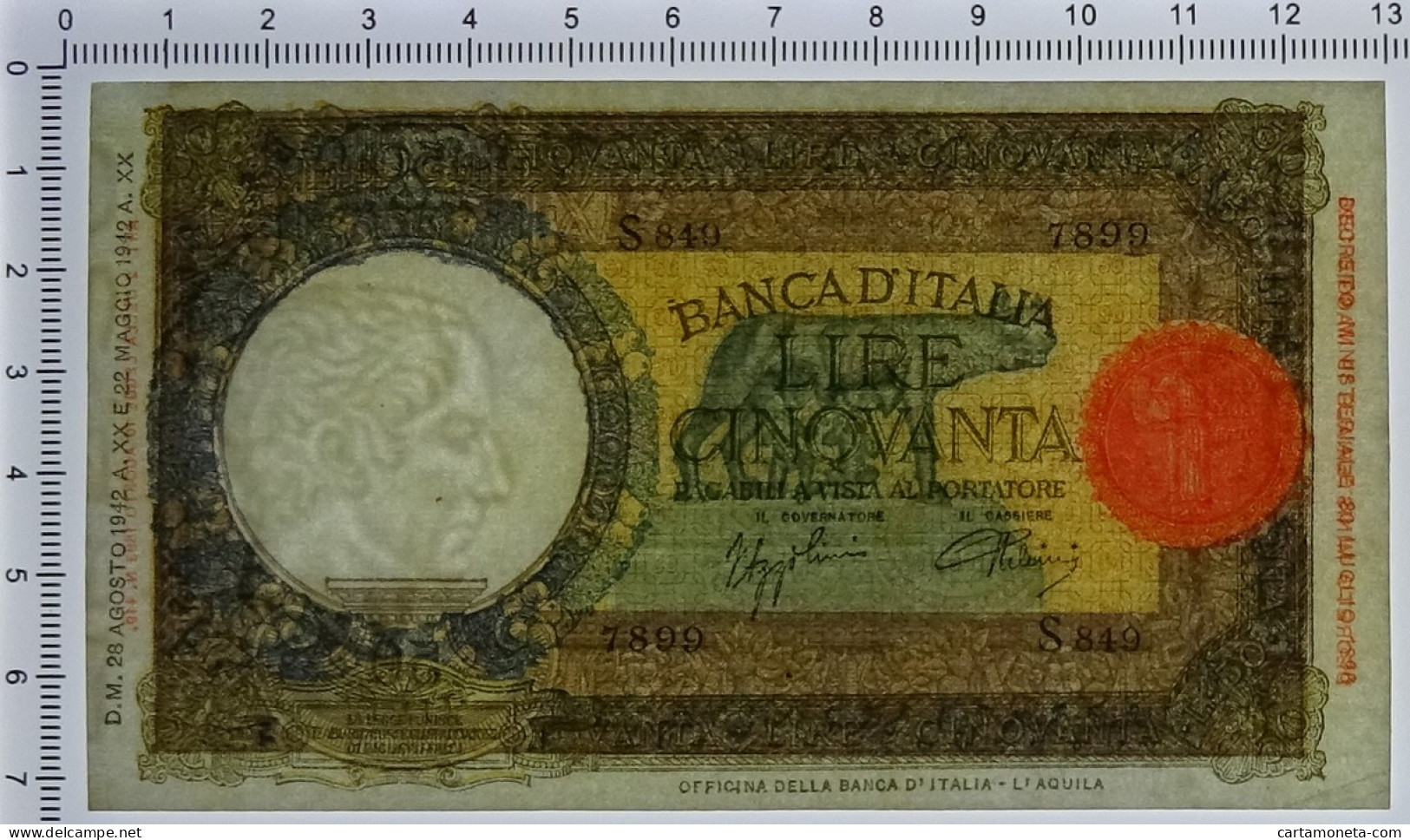 50 LIRE CAPRANESI LUPA CAPITOLINA M. STRETTO FASCIO L'AQUILA 28/08/1942 SUP+ - Regno D'Italia – Autres