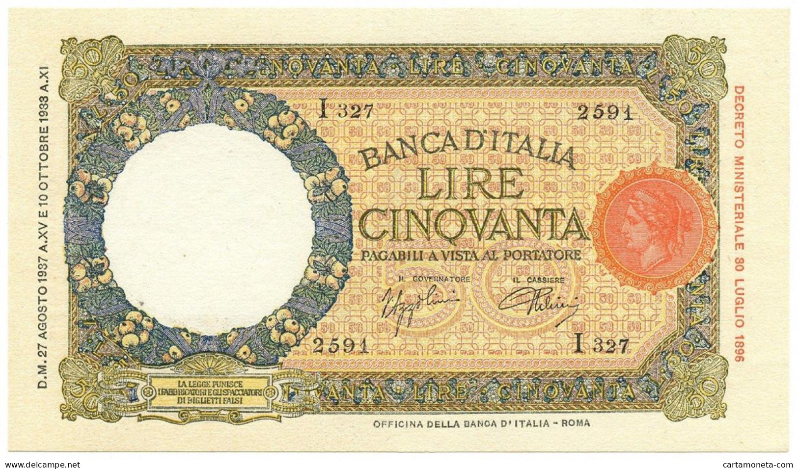 50 LIRE CAPRANESI LUPA CAPITOLINA MARGINE LARGO FASCIO ROMA 27/08/1937 SUP- - Andere