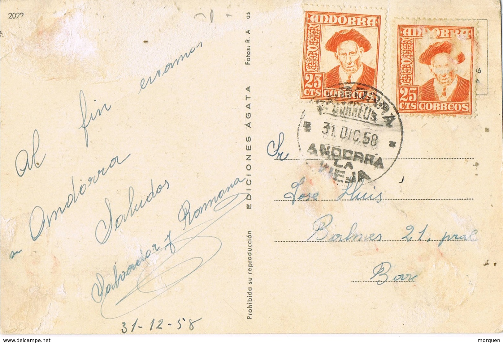 33383. Postal ANDORRA La VIEGA (Andorra Española) 1958. Vista. Oficina Frontera Francesa, ADUANA - Cartas & Documentos