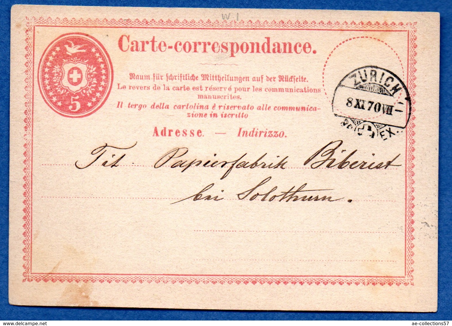 Suisse -  Entier Postal De Zurich --   8/11/1870 - Interi Postali