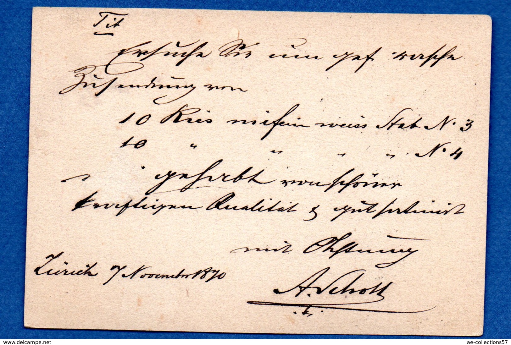 Suisse -  Entier Postal De Zurich --   8/11/1870 - Ganzsachen