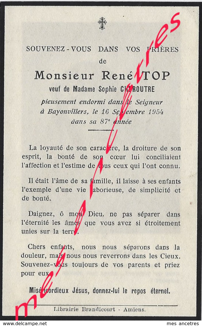 En 1954 à Bayonvillers René TOP Ep Sophie CHEROUTRE 87 Ans - Décès