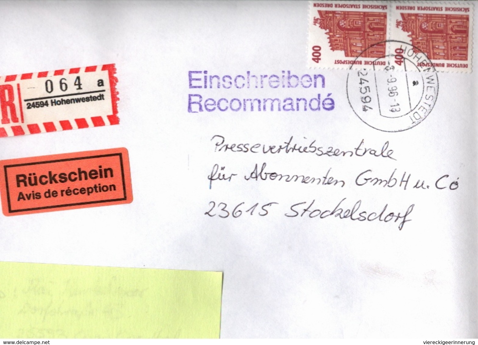 ! 1 Einschreiben Mit Rückschein 1996, R-Zettel Aus Hohenwestedt, 24594, Schleswig-Holstein - R- & V- Labels