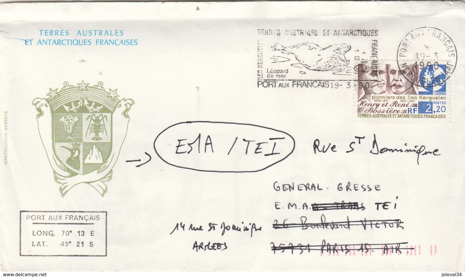 TAAF  Yvert 147 P Et H Bossière Port Aux Français 19/3/1990  Verso Cachet Mission Kerguelen Et Telecom - Lettres & Documents