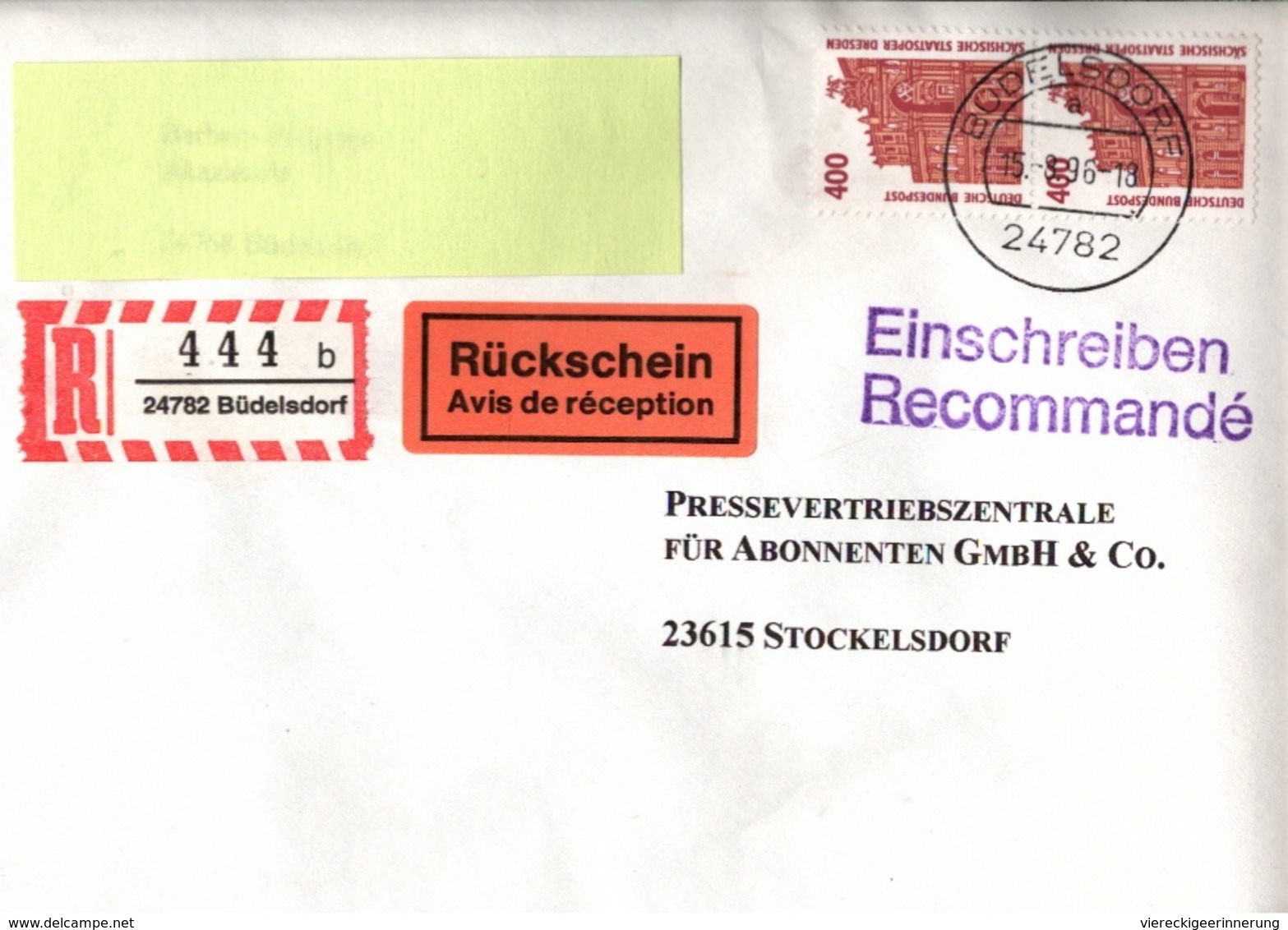 ! 1 Einschreiben Mit Rückschein 1996, R-Zettel Aus Büdelsdorf Bei Rendsburg, 24782 - R- & V- Vignetten