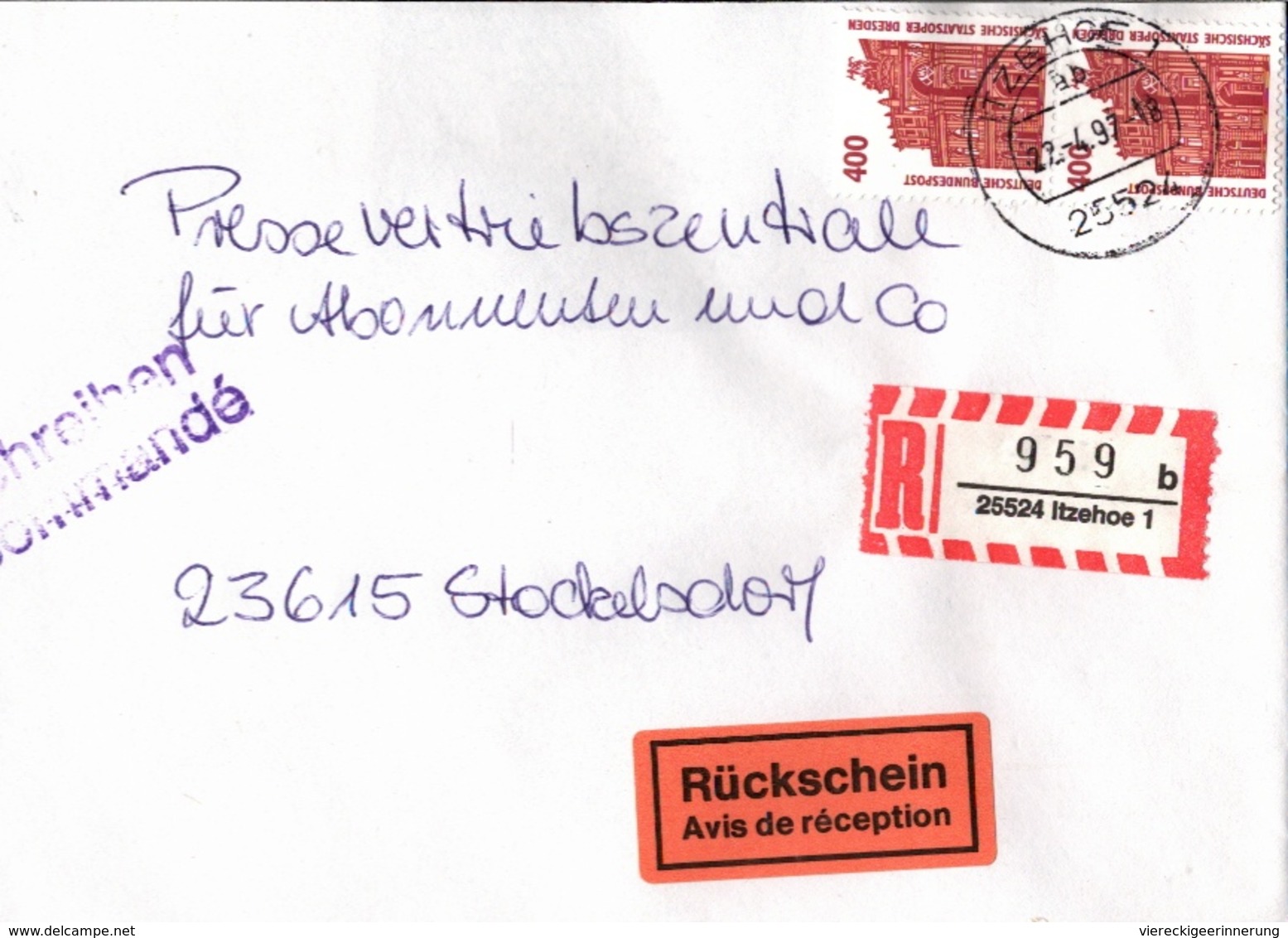 ! 2 Einschreiben 1994, 1997,  R-Zettel Aus Itzehoe, 25524 - Etiquettes 'Recommandé' & 'Valeur Déclarée'