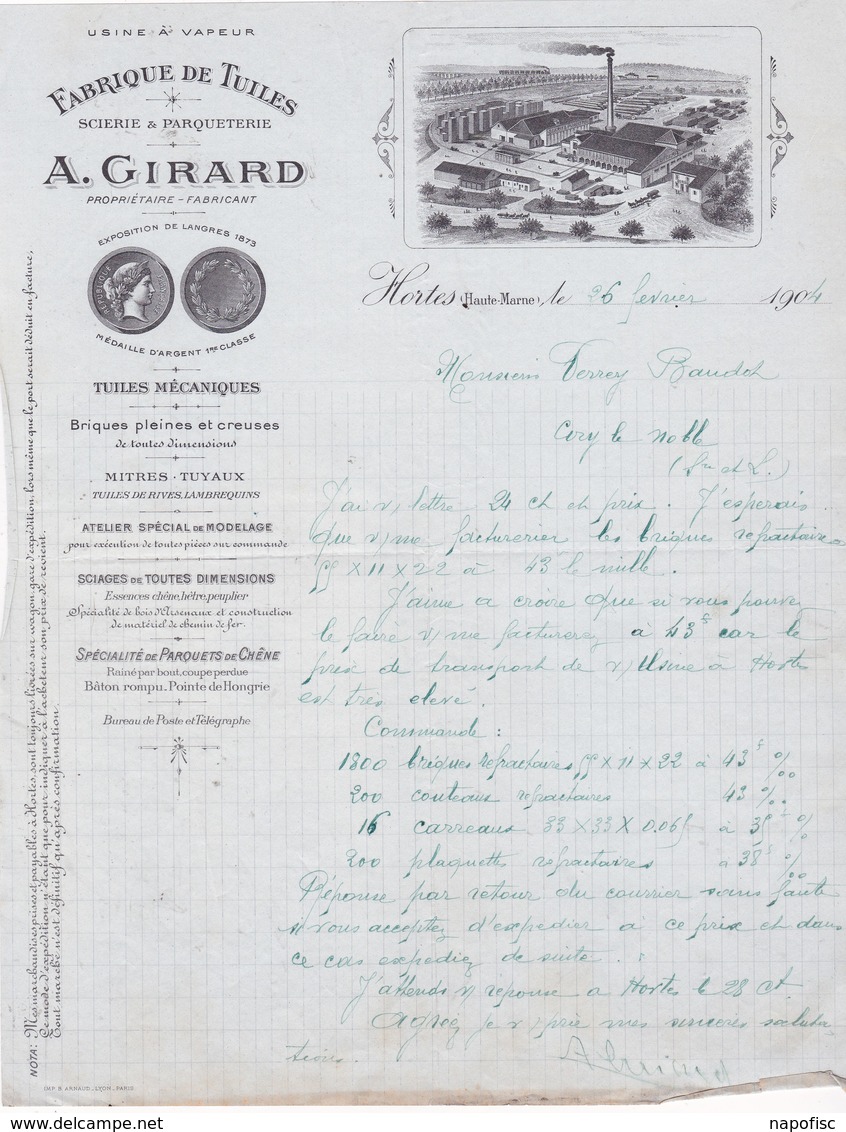52-A.Girard..Fabrique De Tuiles.. Hortes...(Haute-Marne)...1941 - Autres & Non Classés