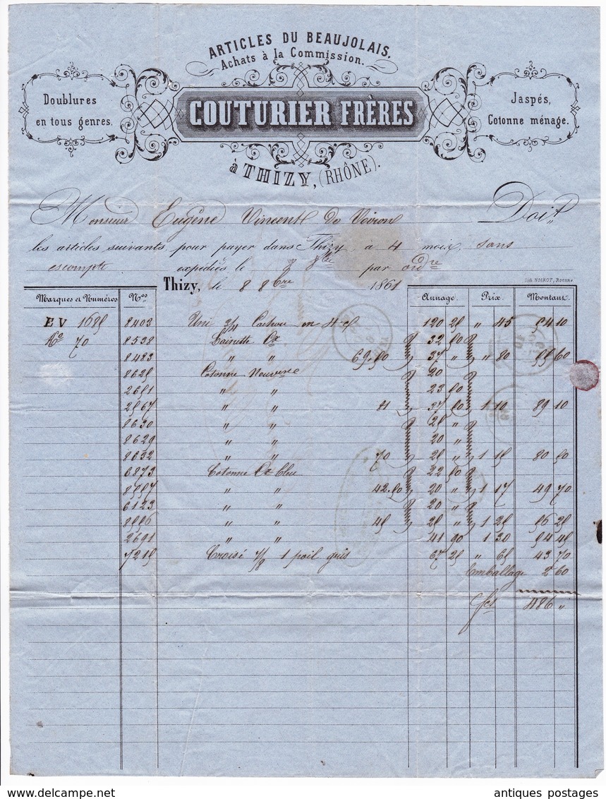 Lettre 1861 Thizy Rhône Couturier Frères Articles Du Beaujolais Jaspés Cotonne Ménage Coton Voiron Isère - 1853-1860 Napoleon III