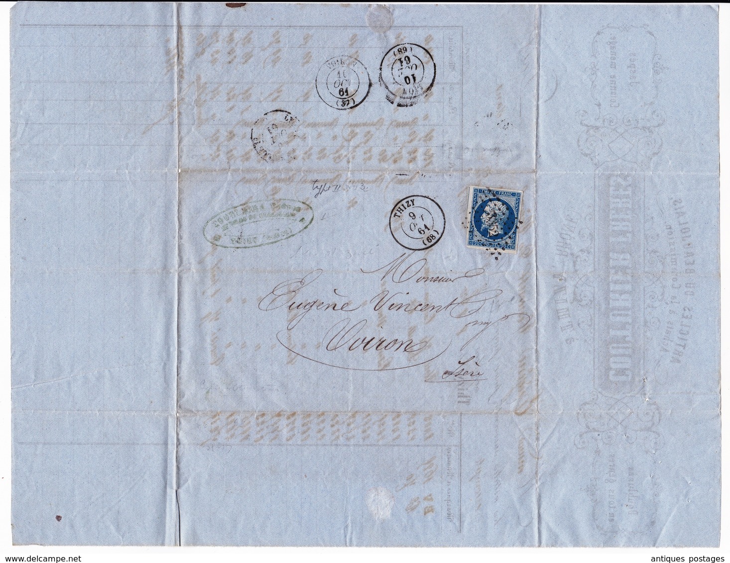 Lettre 1861 Thizy Rhône Couturier Frères Articles Du Beaujolais Jaspés Cotonne Ménage Coton Voiron Isère - 1853-1860 Napoléon III