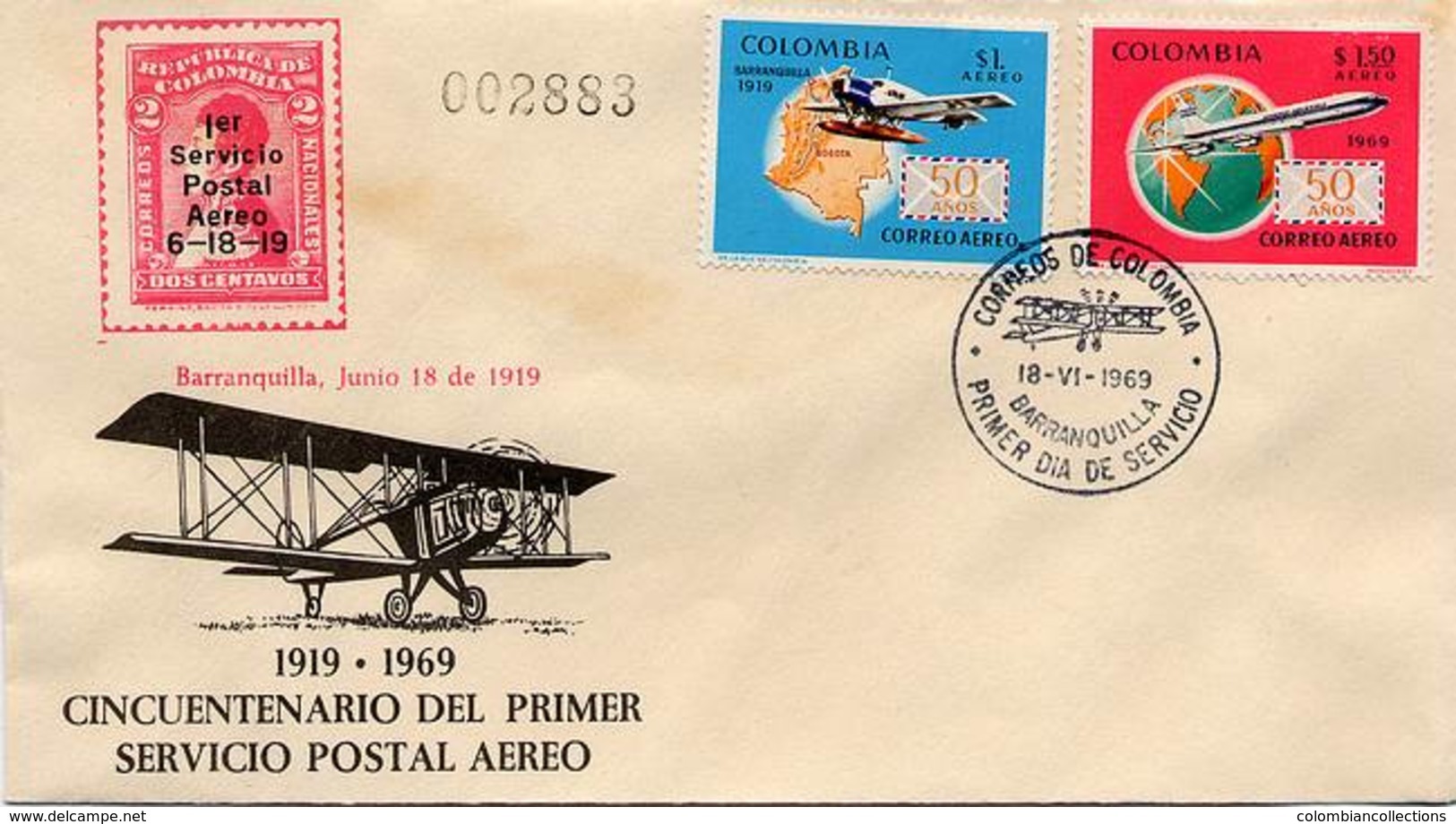 Lote 1181-2bF, Colombia, 1969, SPD-FDC, 50 Años Del Primer Vuelo Postal, Bquilla, Airplane, Map, Nariño - Colombia