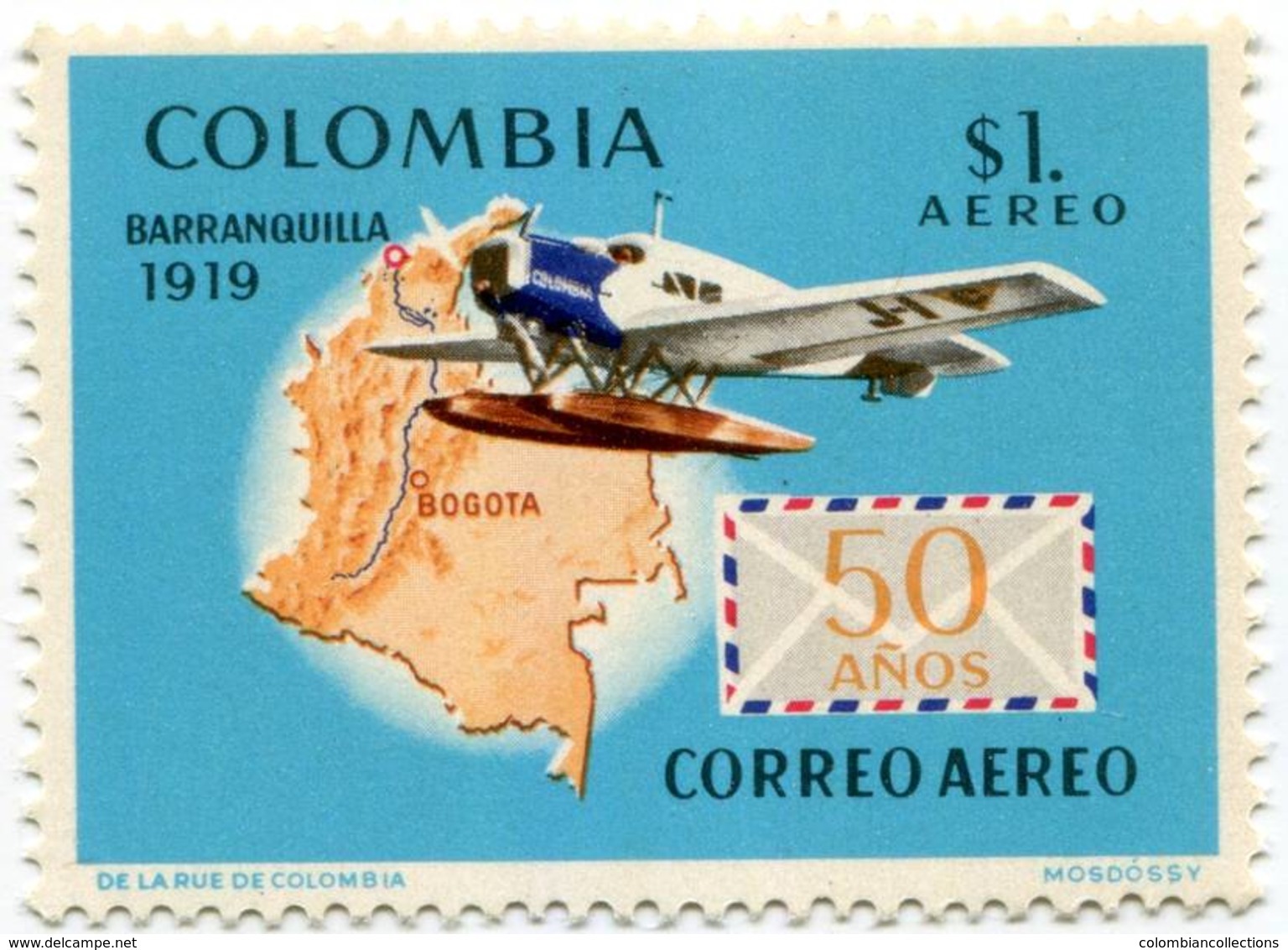 Lote 1181-4, Colombia, 1969, Sello, Stamp, 4 V, 50 Años Del Primer Vuelo Postal, Airplane, Map, Expo, Hydroplane, Jet - Colombia