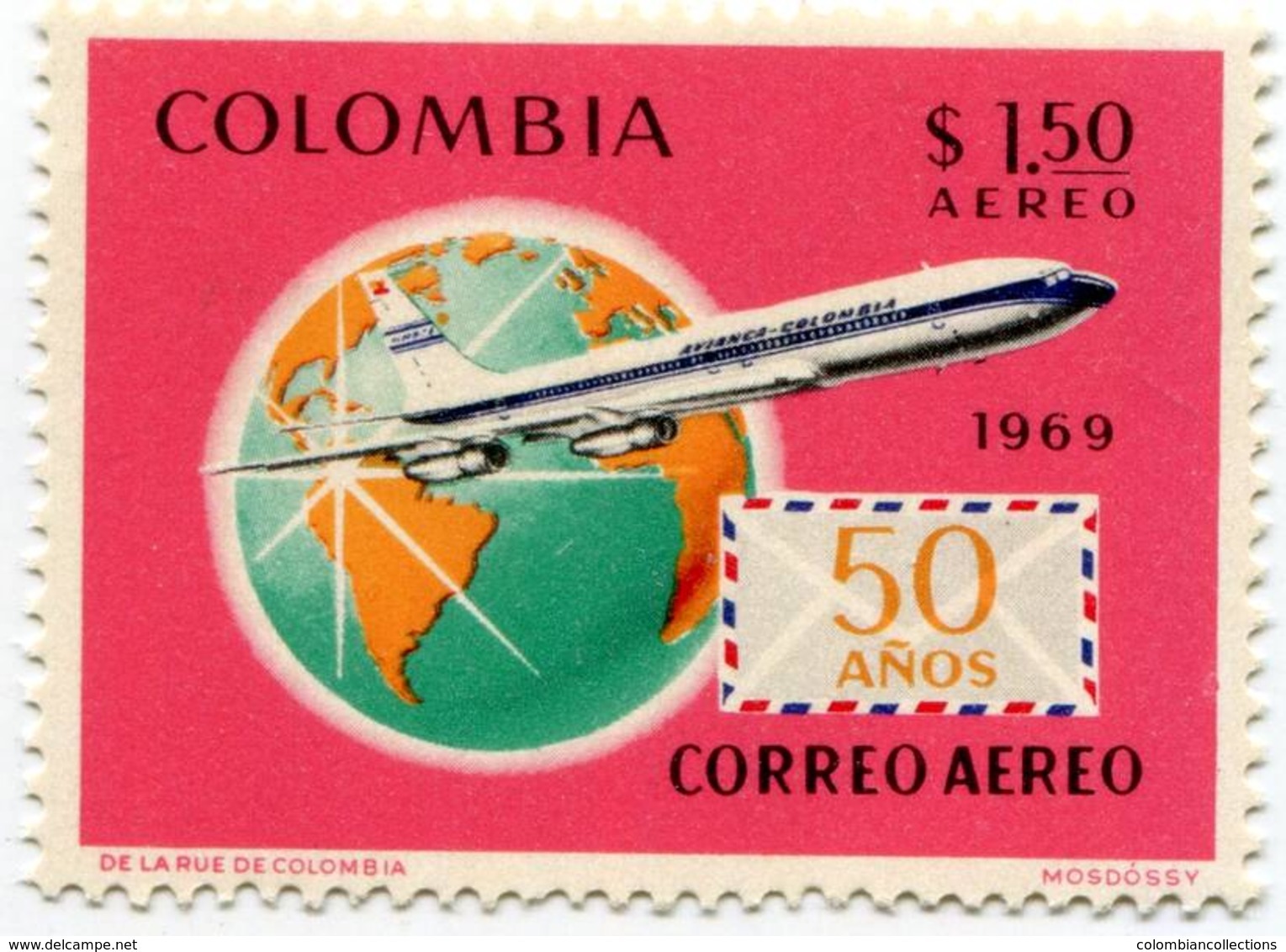 Lote 1181-4, Colombia, 1969, Sello, Stamp, 4 V, 50 Años Del Primer Vuelo Postal, Airplane, Map, Expo, Hydroplane, Jet - Colombia