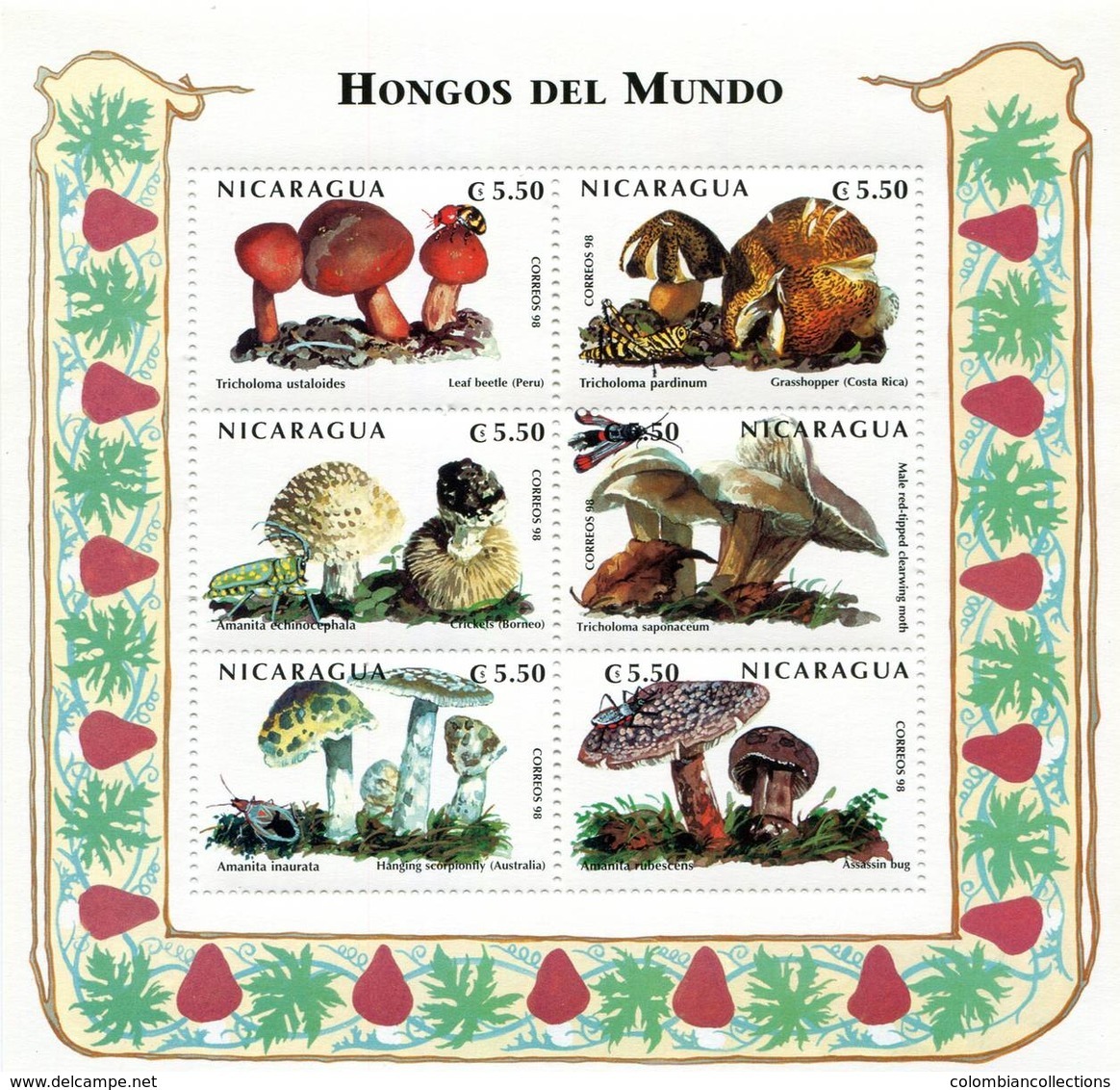 Lote 2289 Nicaragua, 1998, Pliego, Sheet, Hongos E Insectos. Mushrooms And Insects. Tricholoma Ustaloides - Nicaragua