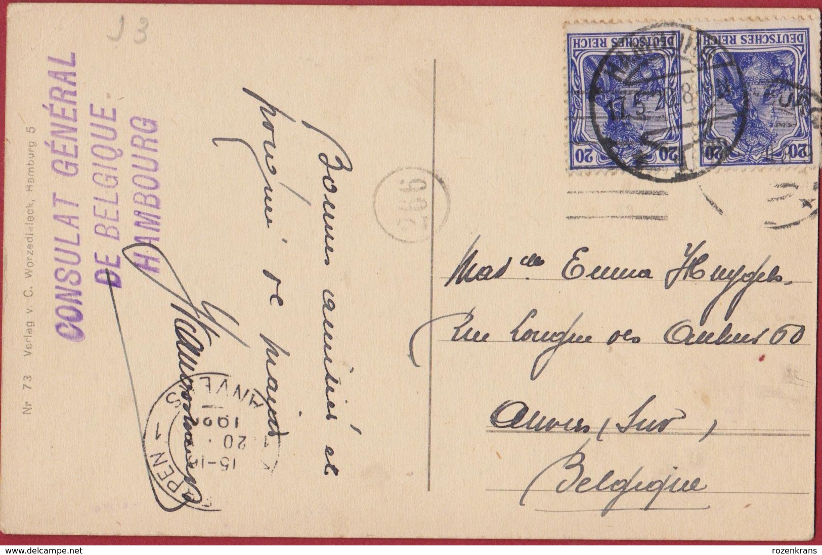 Deutsches Reich 1922 Cachet Obliteration Consulat General De Belgique Hambourg HAMBURG  Diplomatic Mail Post - Lettres & Documents