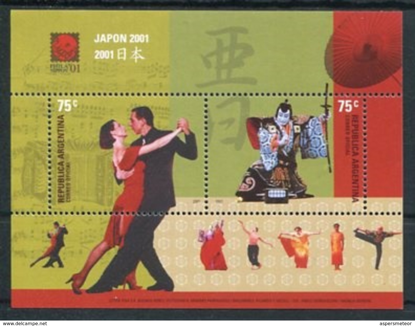 JAPON 2001, EXPOSICION FILATELICA MUNDIAL. TANGO Y BAILARIN TEATRO KABUKI. ARGENTINA GOTTIG JALIL 137 HOJITA BLOC -LILHU - Baile