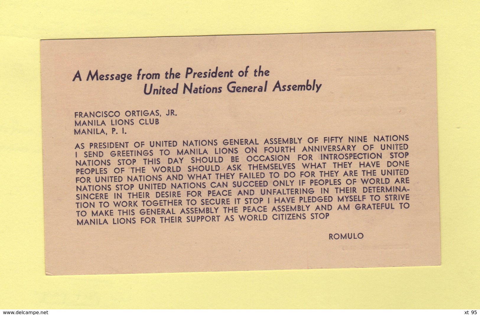 Philippines - Manila - 19 Oct 1949 - Souvenir United Nations Day Celebration Of Manila Lions Club - Entier Postal - Philippines