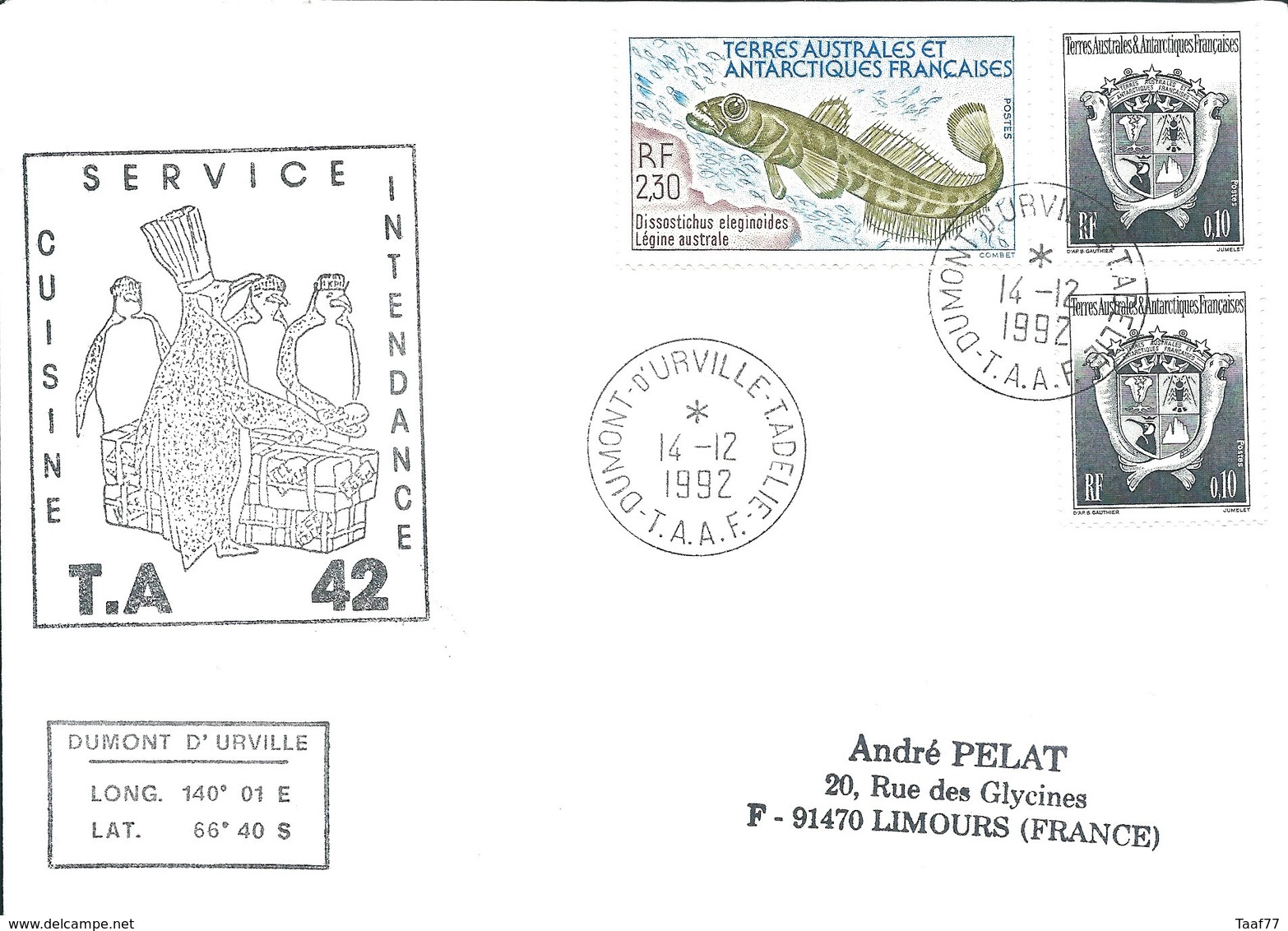 TAAF - Dumont D'Urville-T.Adélie: Lettre Avec Timbres N°166 Légine Australe Et N°163 Armoiries - 14/12/1992 - Lettres & Documents