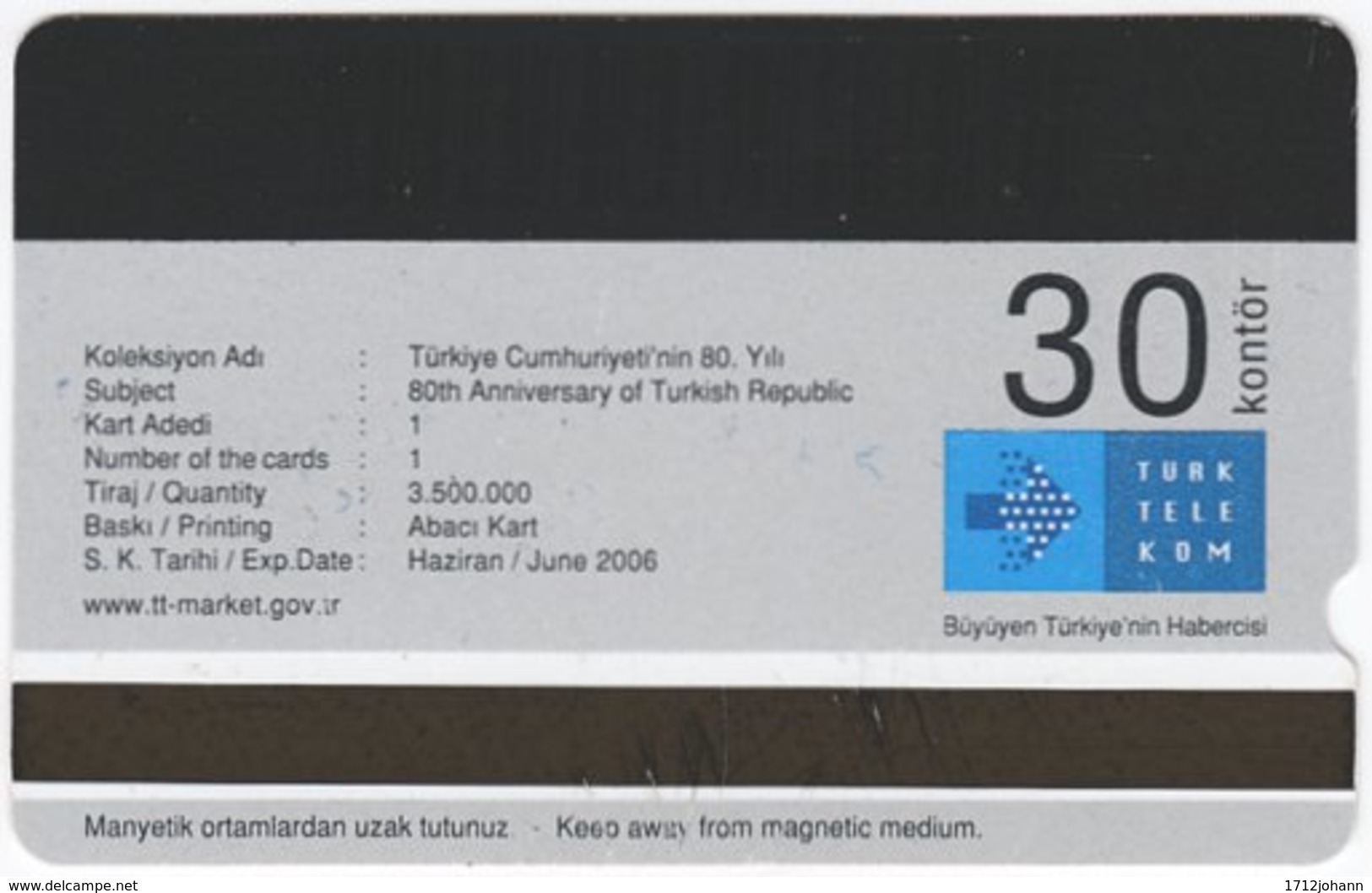 TURKEY C-212 Magnetic Telekom - Symbols Of Turkey - Used - Turkey