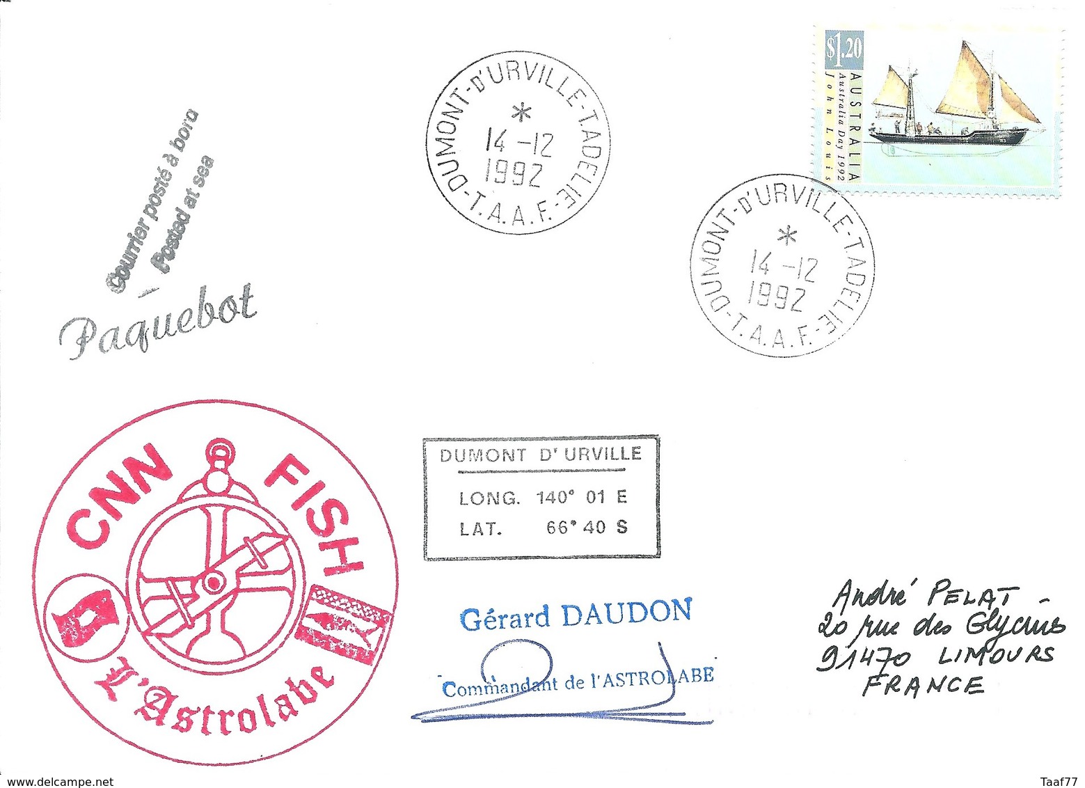 TAAF - Dumont D'Urville-T.Adélie: Lettre "L'Astrobale" Avec Australie N°1235 Voilier John Louis - 14/12/1992 - Lettres & Documents