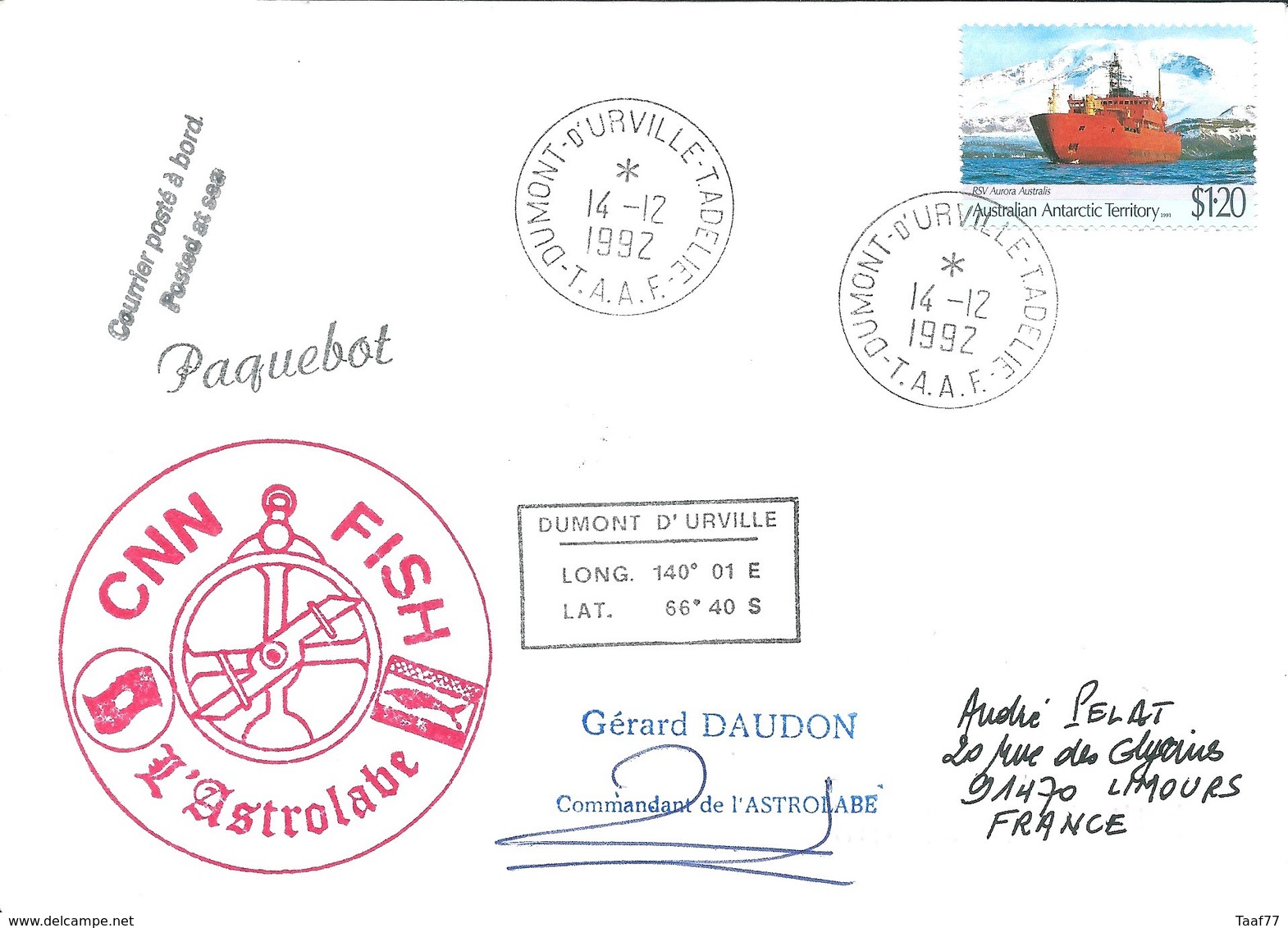 TAAF - Dumont D'Urville-T.Adélie: Lettre "L'Astrobale" Avec A. Antartic Territory N°89 RSV Aurora Australis - 14/12/1992 - Lettres & Documents