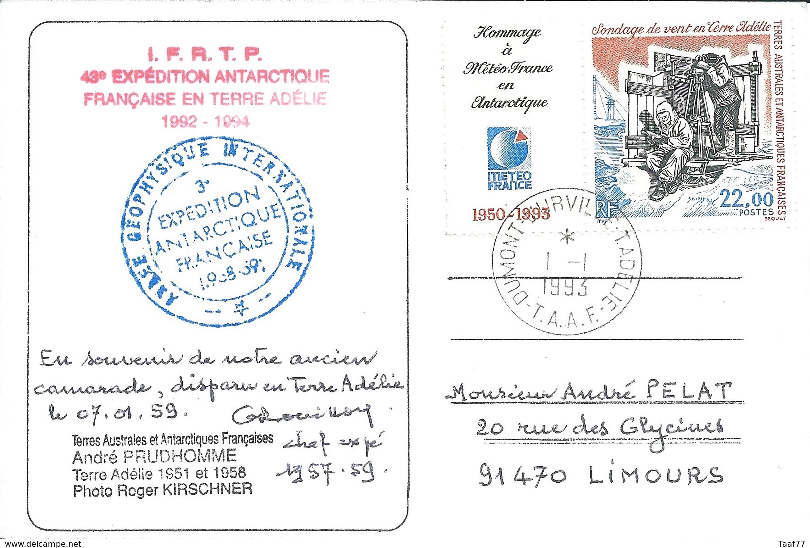 TAAF-Dumont D'Urville-T.Adélie: Carte Avec Timbres N°182 Et 183 Hommage à Météo France En Antarctique - 01/01/1993 - Lettres & Documents