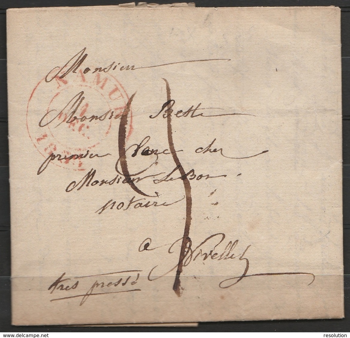 L.datée 1836 De SPY Pour Notaire à NIVELLES + Càd NAMUR/1836 + Man "très Pressé" + Port 3 (au Dos: Càd NIVELLES/1836) - 1830-1849 (Belgique Indépendante)