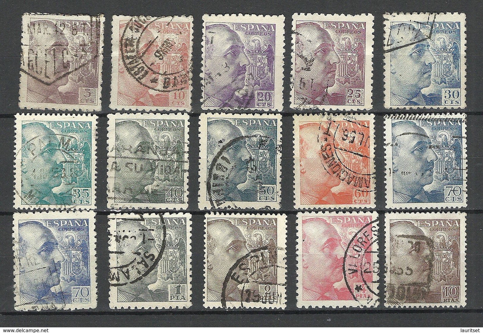 SPAIN Espana 1939/53 = 15 Stamps From Set Michel 841 - 857 General Fr. Franco, O - Gebraucht