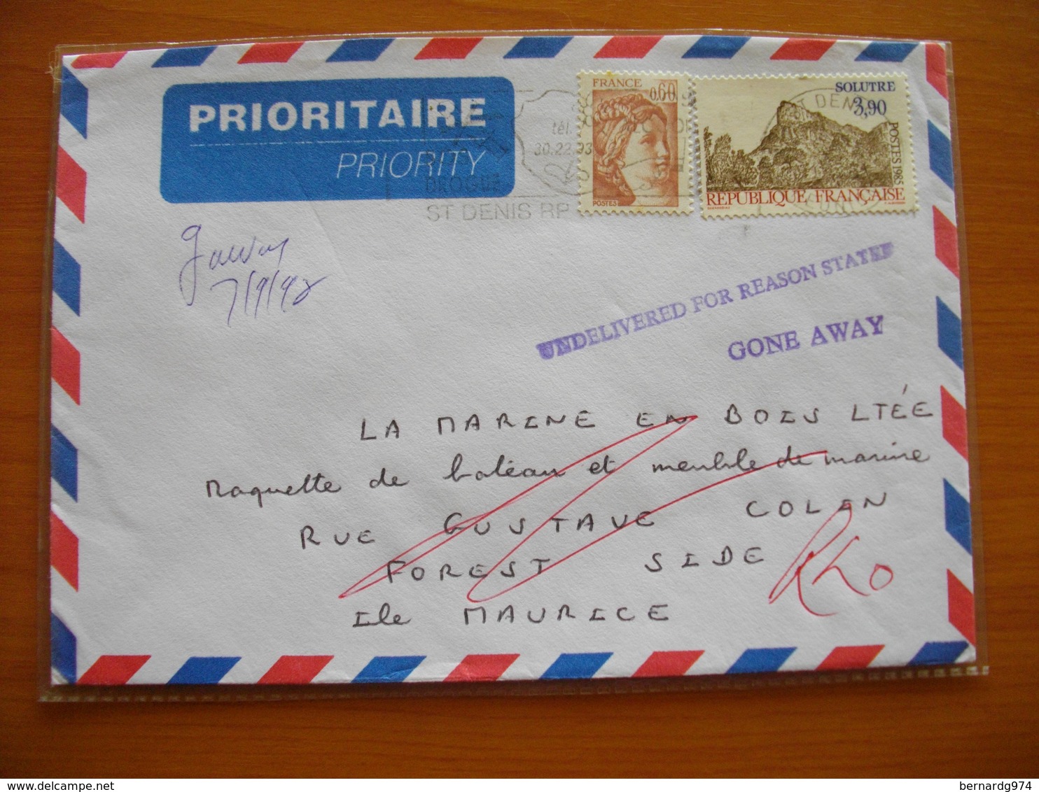 Réunion Et Maurice : Lettre Au Départ De St Denis  Avec Cachet « Undelivered For Reason State Gone Away » - Autres & Non Classés