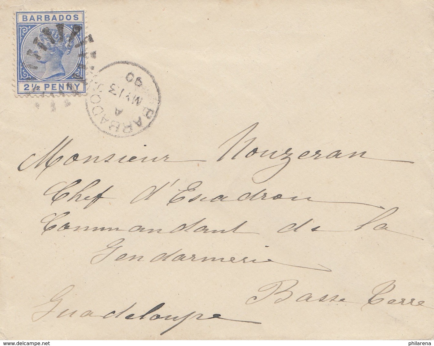 Barabados 1890: Letter To Guadeloupe - Barbades (1966-...)