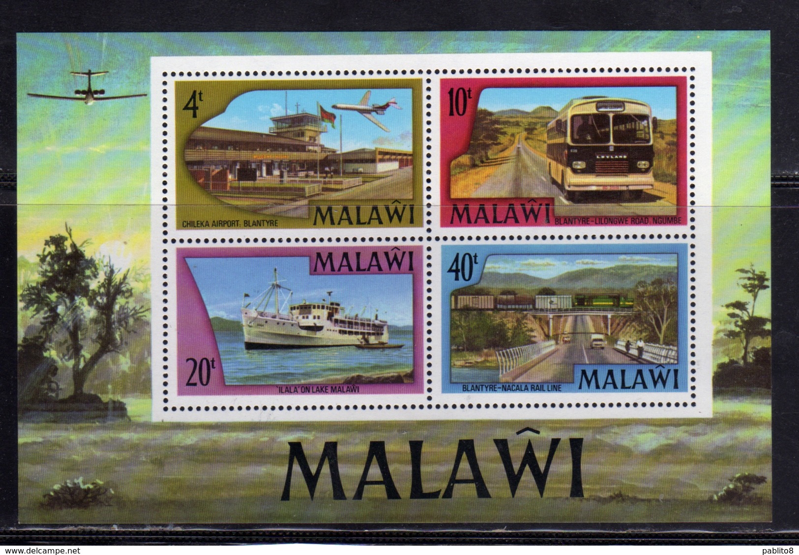 MALAWI 1977 TRANSPORT AIRPORT BUS SHIP CAR BLOCK SHEET BLOCCO FOGLIETTO MNH - Malawi (1964-...)