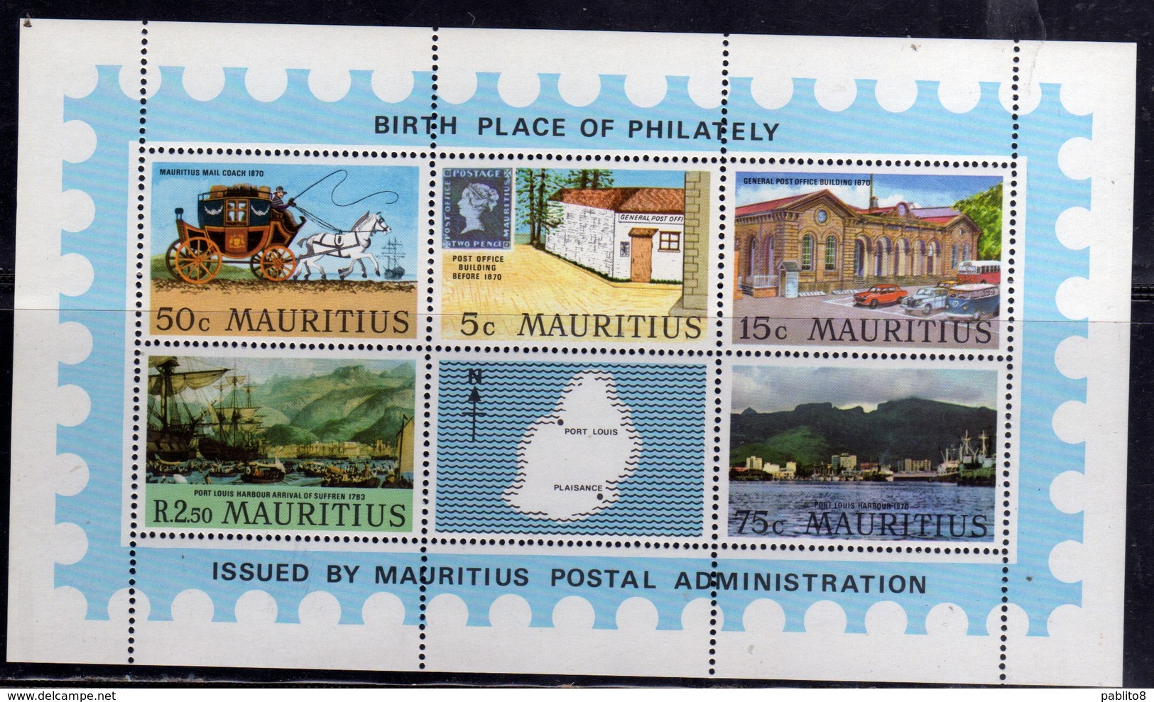 MAURITIUS 1970 BIRTH PLACE OF PHILATELY GENERAL POST OFFICE PORT LOUIS BLOCK SHEET BLOCCO FOGLIETTO BLOC MNH - Mauritius (1968-...)