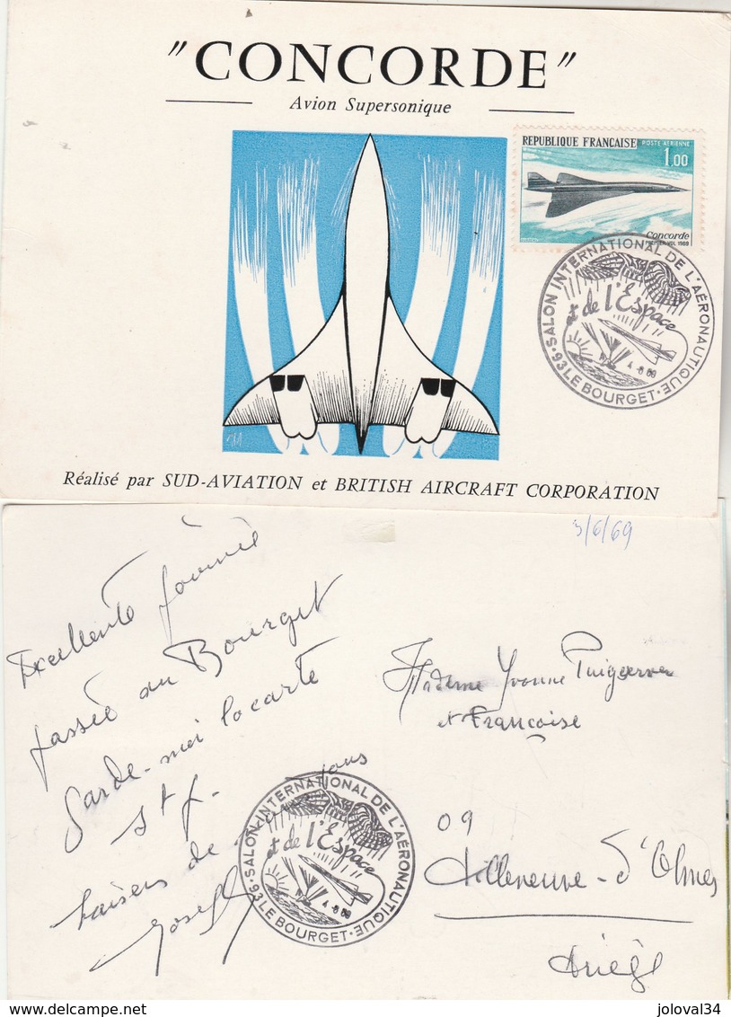 Avion Supersonique CONCORDE Carte Souvenir émise Par Sud Aviation Et BAC Cachet Salon Bourget 4/6/1969 Villeneuve Olmes - Concorde