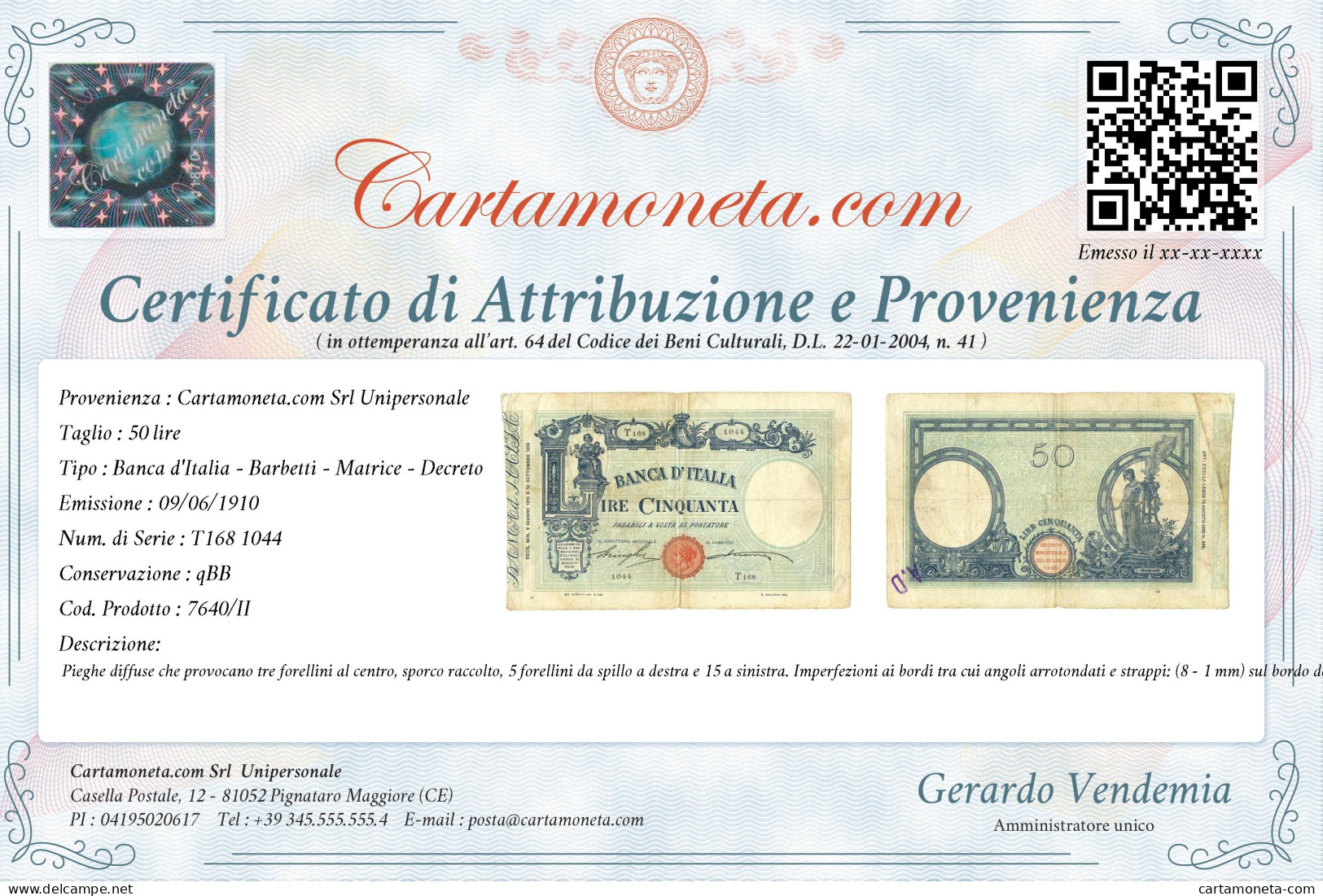 50 LIRE BARBETTI GRANDE L MATRICE LATERALE TESTINA DECRETO 09/06/1910 QBB - Regno D'Italia – Other