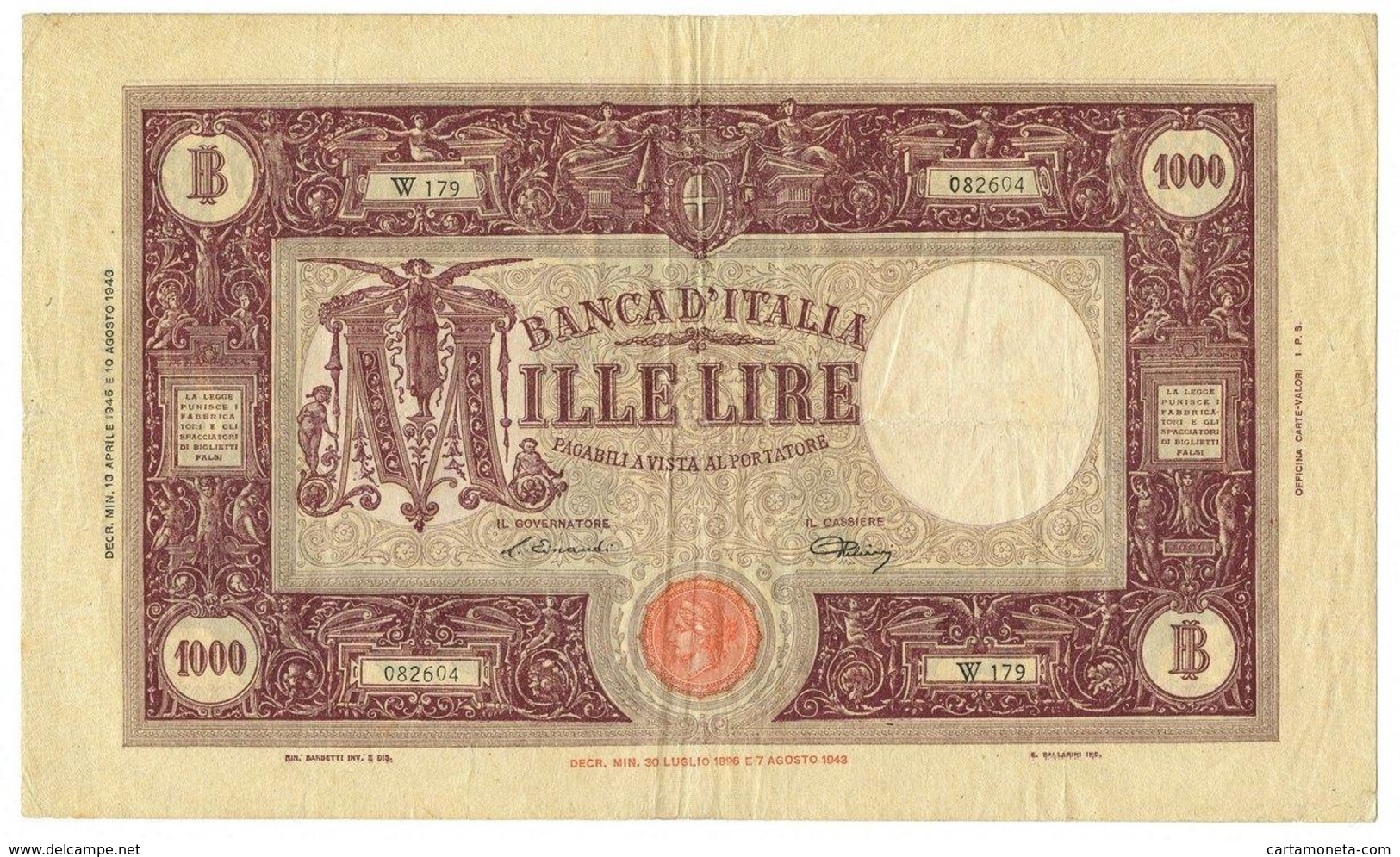 1000 LIRE BARBETTI GRANDE M - RETRO BI 13/04/1945 MB/BB - Regno D'Italia - Altri