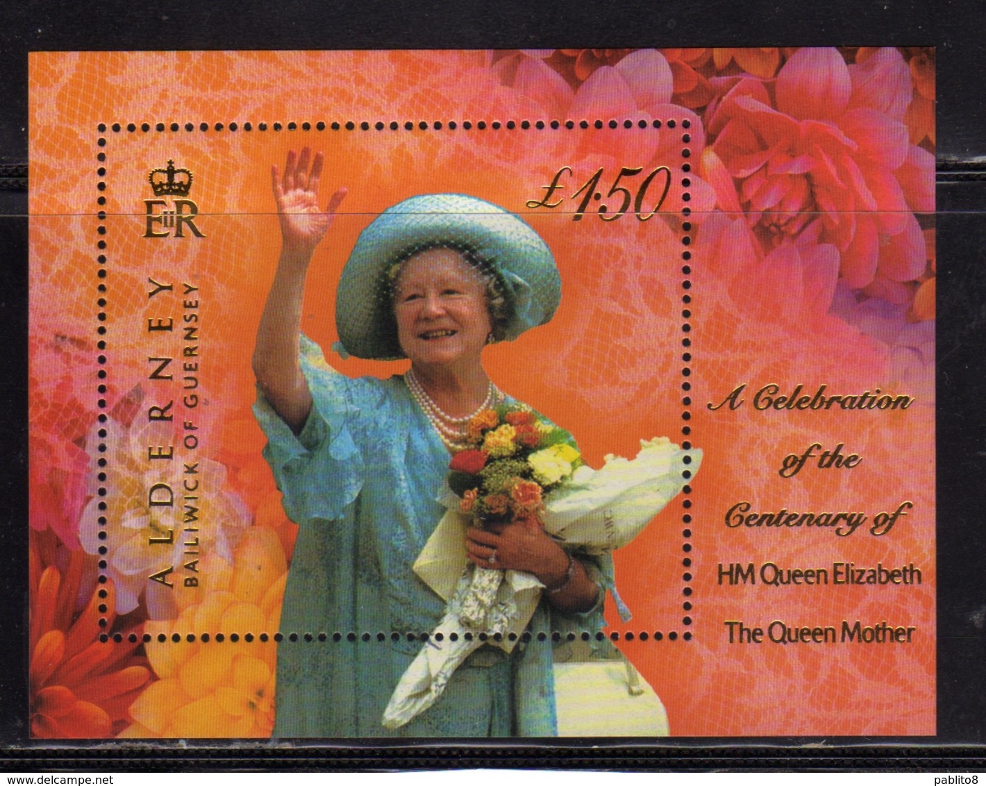 ALDERNEY 2000 QUEEN MOTHER REGINA MADRE BLOCK SHEET BLOCCO FOGLIETTO MNH - Alderney