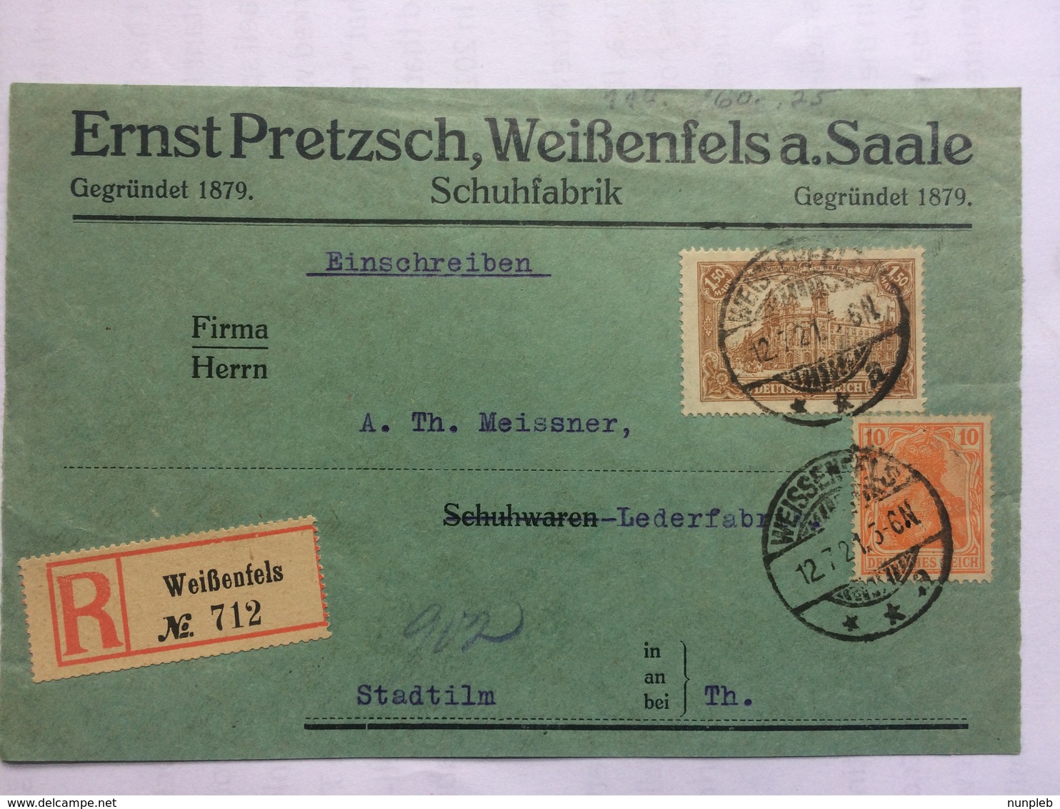 GERMANY 1921 Front Of Cover Registered Weissenfels To Stadtilm 1m60 Rate - Briefe U. Dokumente