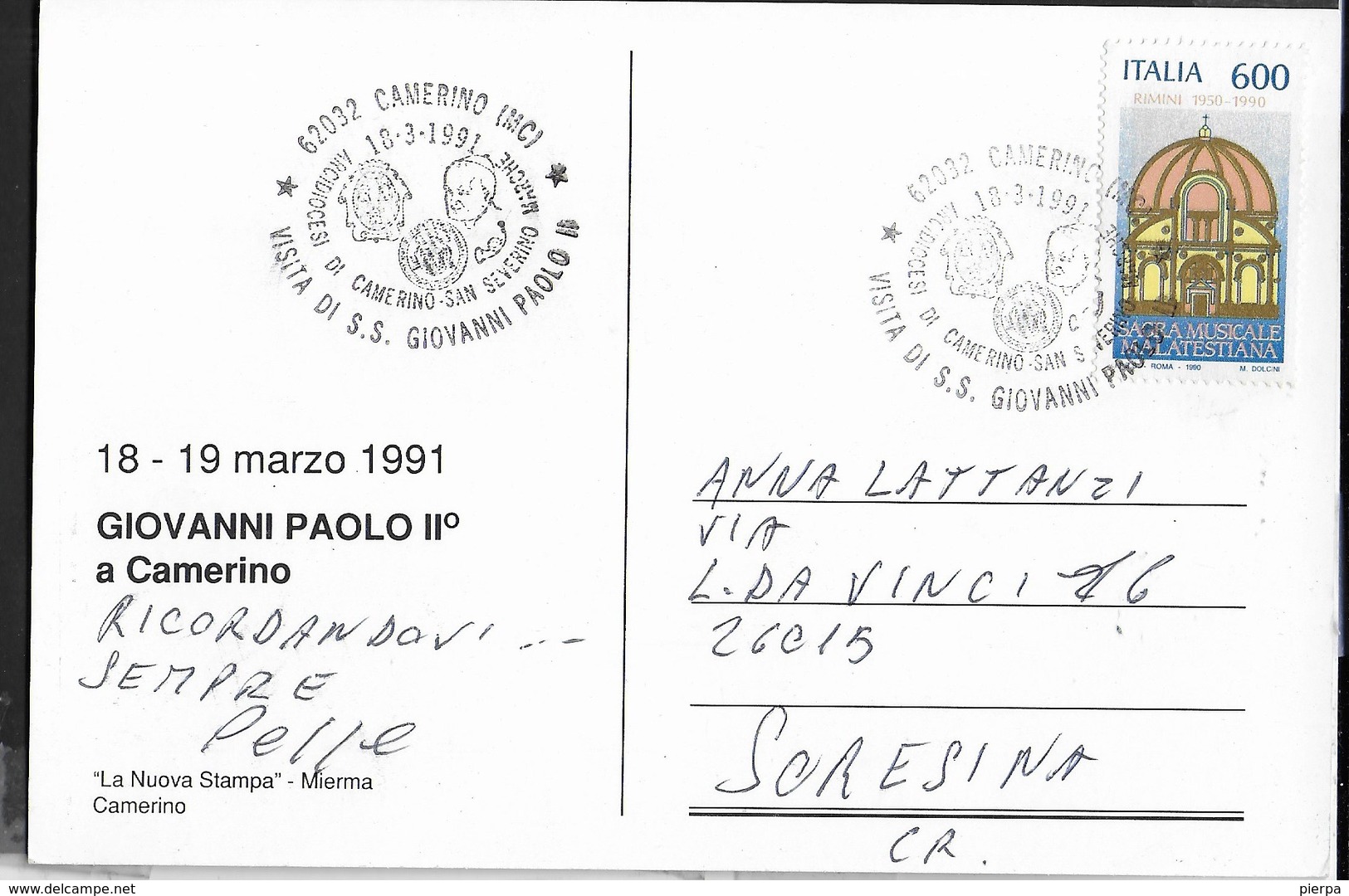 ANNULLO SPECIALE  - CAMERINO (MC) - 18.03.1991 - VISITA DI S.S.  GIOVANNI PAOLO II SU CARTOLINA MANIFESTAZIONE - 1991-00: Storia Postale